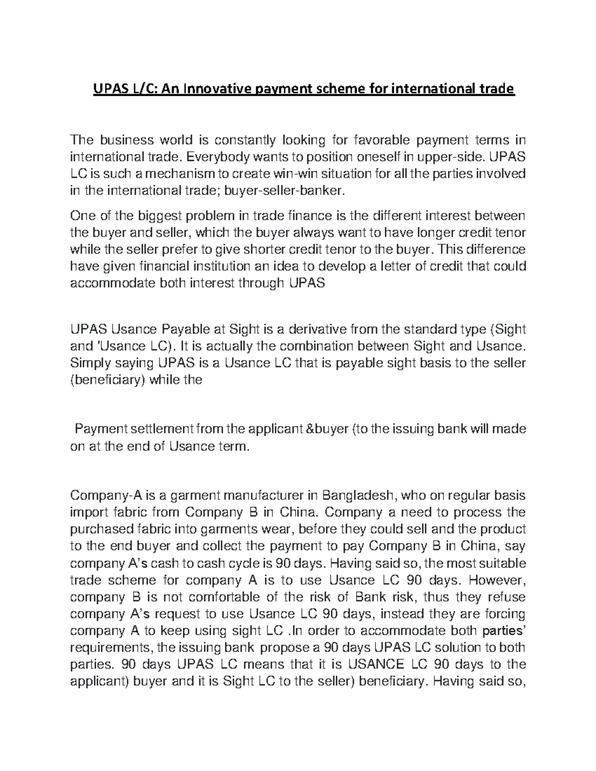 UPAS LC: Innovative Payment Scheme for Global Trade Solutions - Studocu