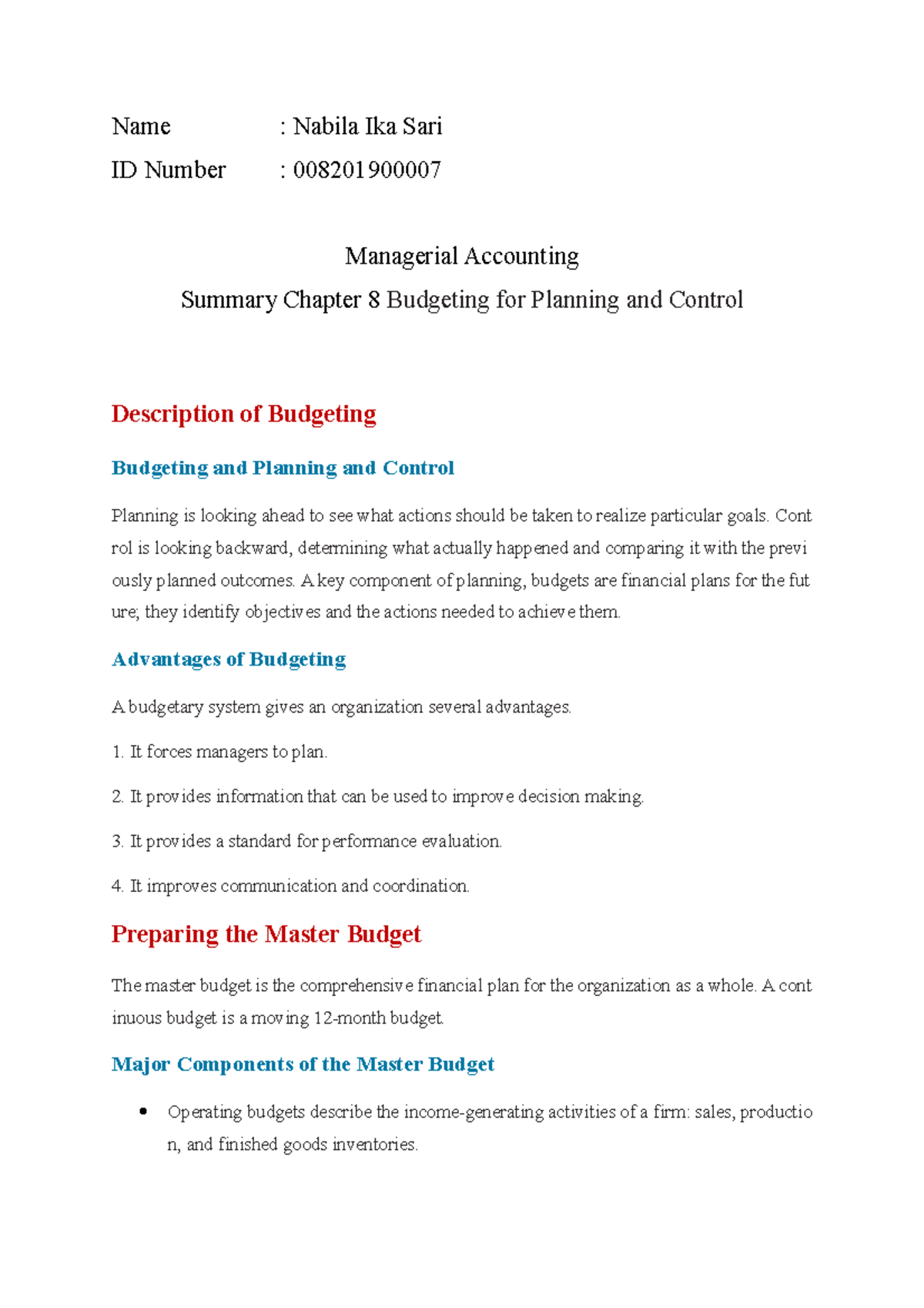 Managerial Accounting Assignment: Chapter 8 Budgeting for Planning ...