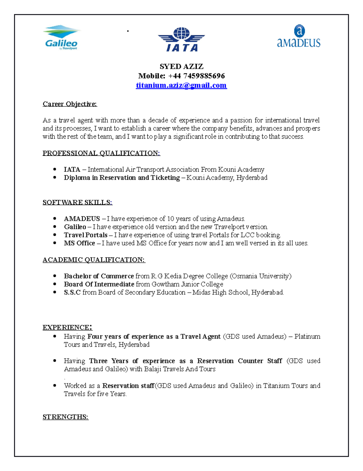 Aziz resume Uk - how to make cv - . SYED AZIZ Mobile: +44 7459885696 ...