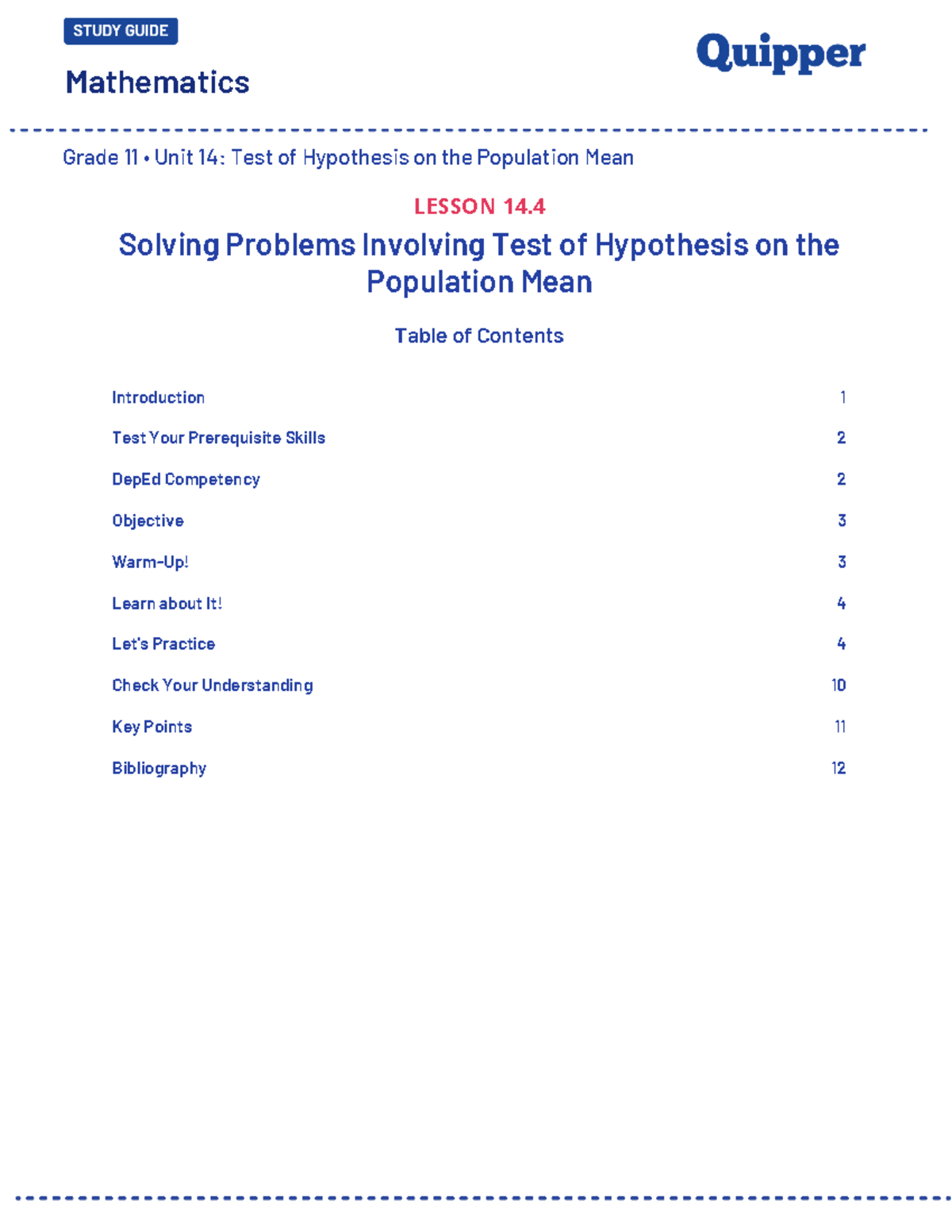 Mathematics Grade 11 Unit 14: Hypothesis Testing on Population Mean ...