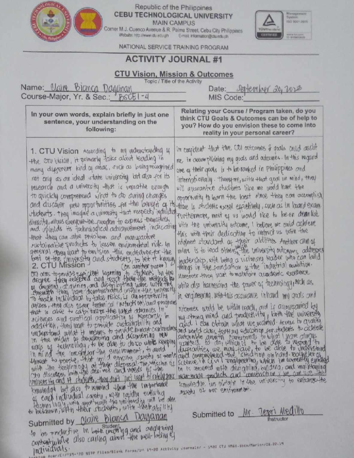 NSTP Activity Journal 1 & 2 by Claire Bianca Dayanan - CTU - Studocu