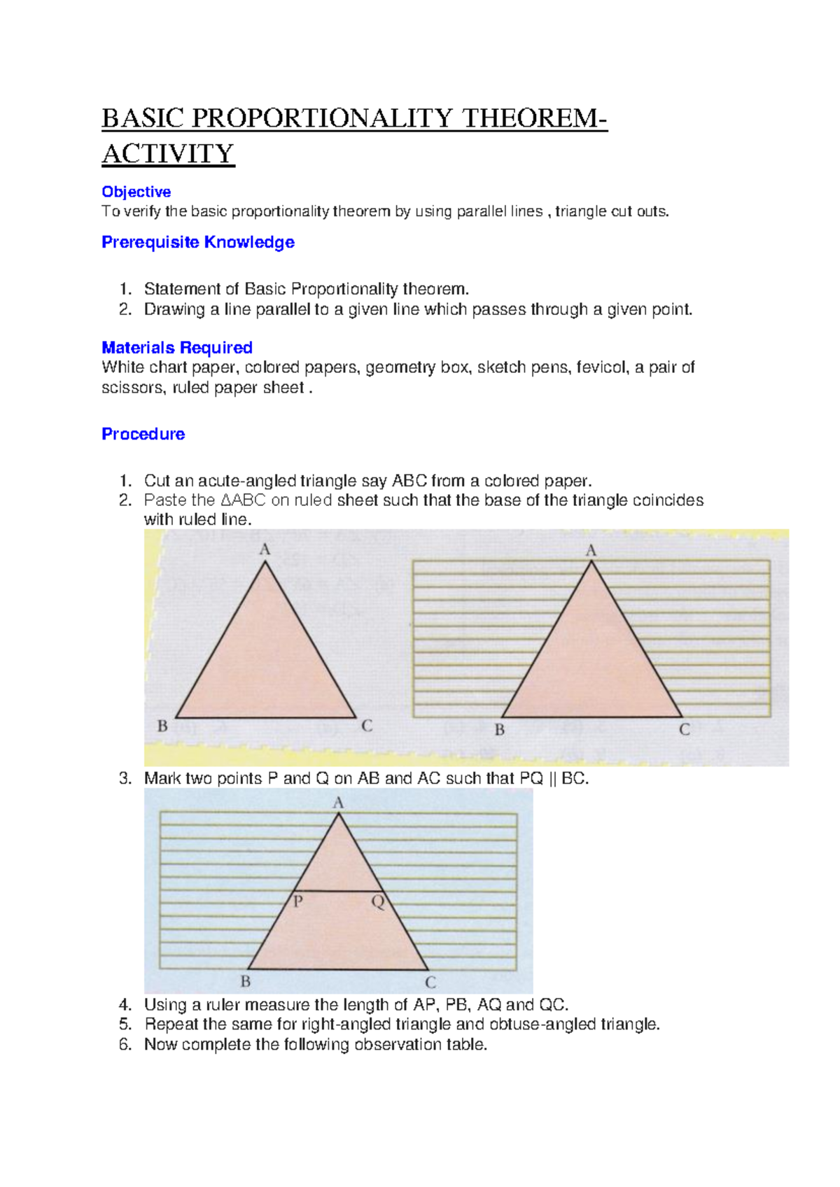 BASIC PROPORTIONALITY THEOREM ACTIVITY: Verification Procedure - Studocu