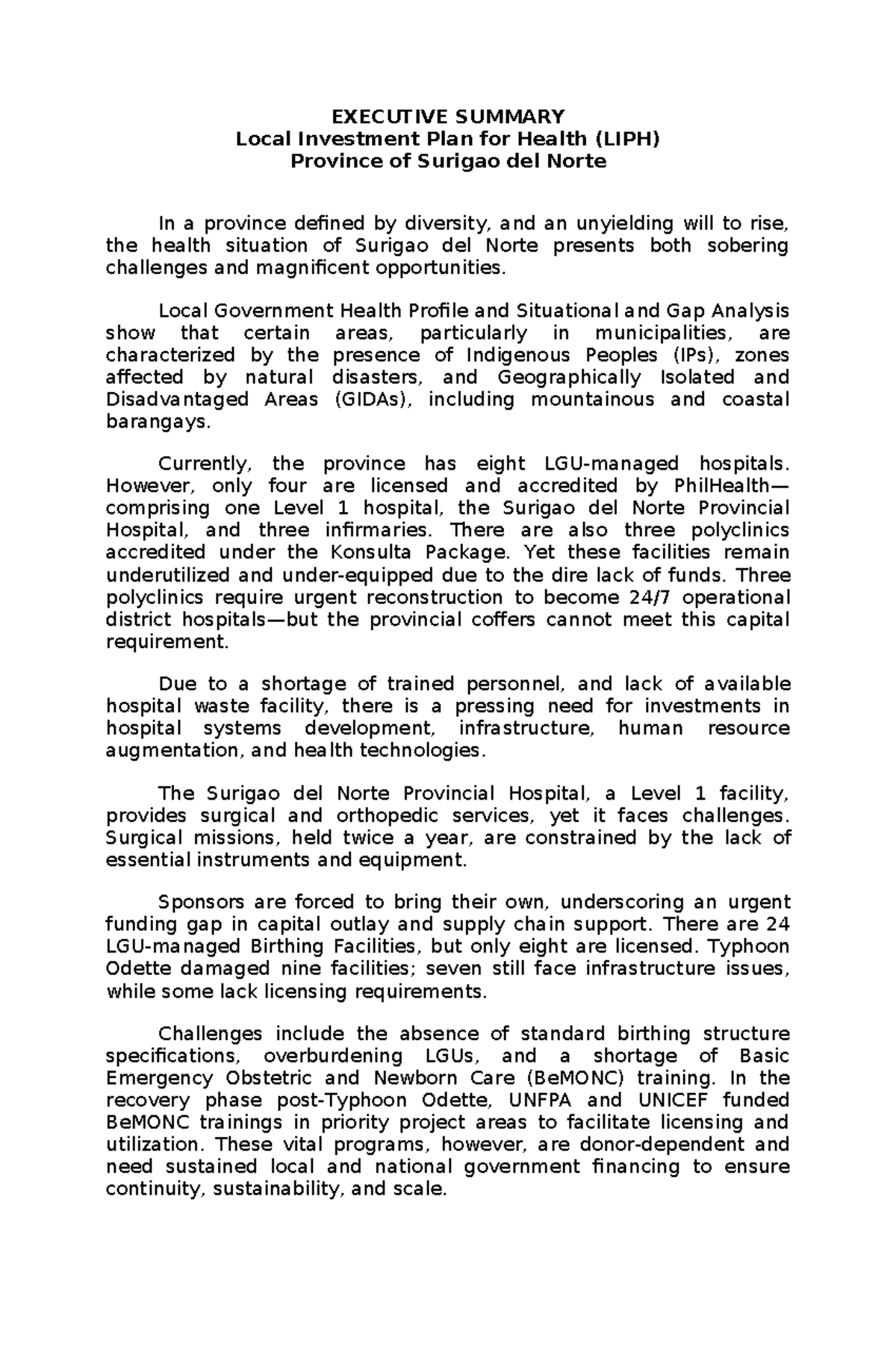 LIPH: Executive Summary of the Local Investment Plan for Health in ...