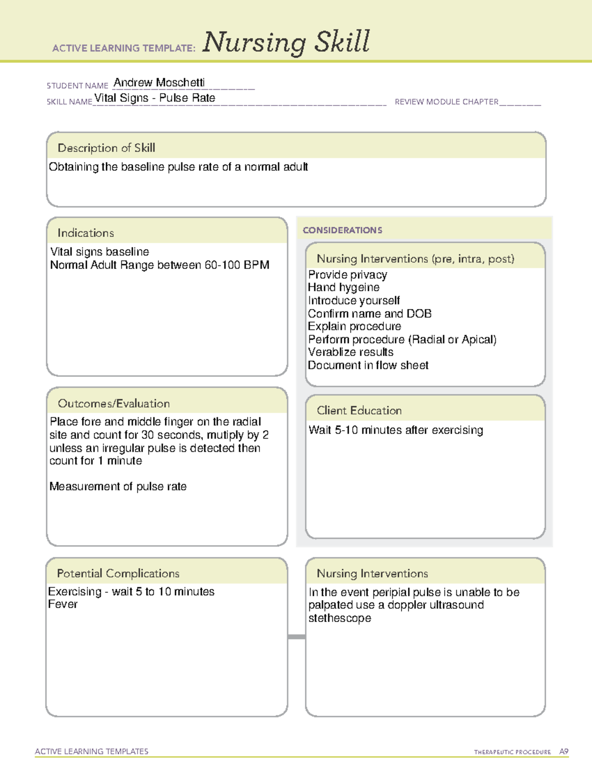 ACTIVE LEARNING TEMPLATE: Nursing Skill - Pulse Rate Assessment - Studocu image.