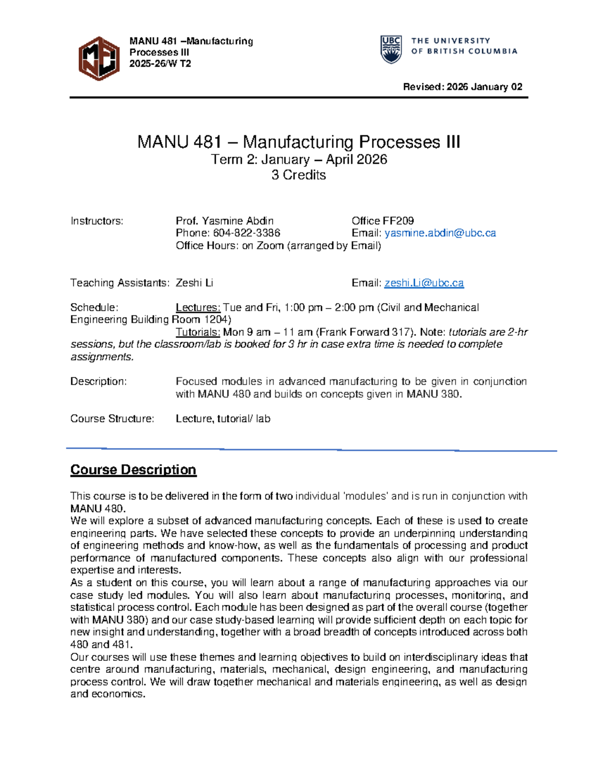 MANU 481 Manufacturing Processes Syllabus: Term 2, 2026 - Studocu