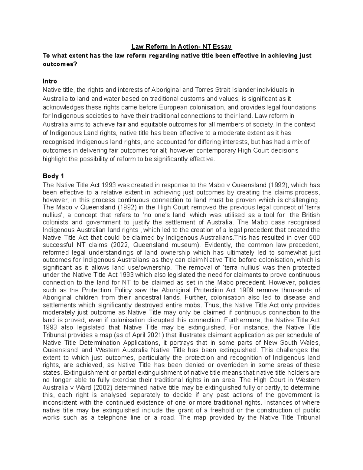 Law Reform in Action: Evaluating Native Title Effectiveness (LAW101 ...