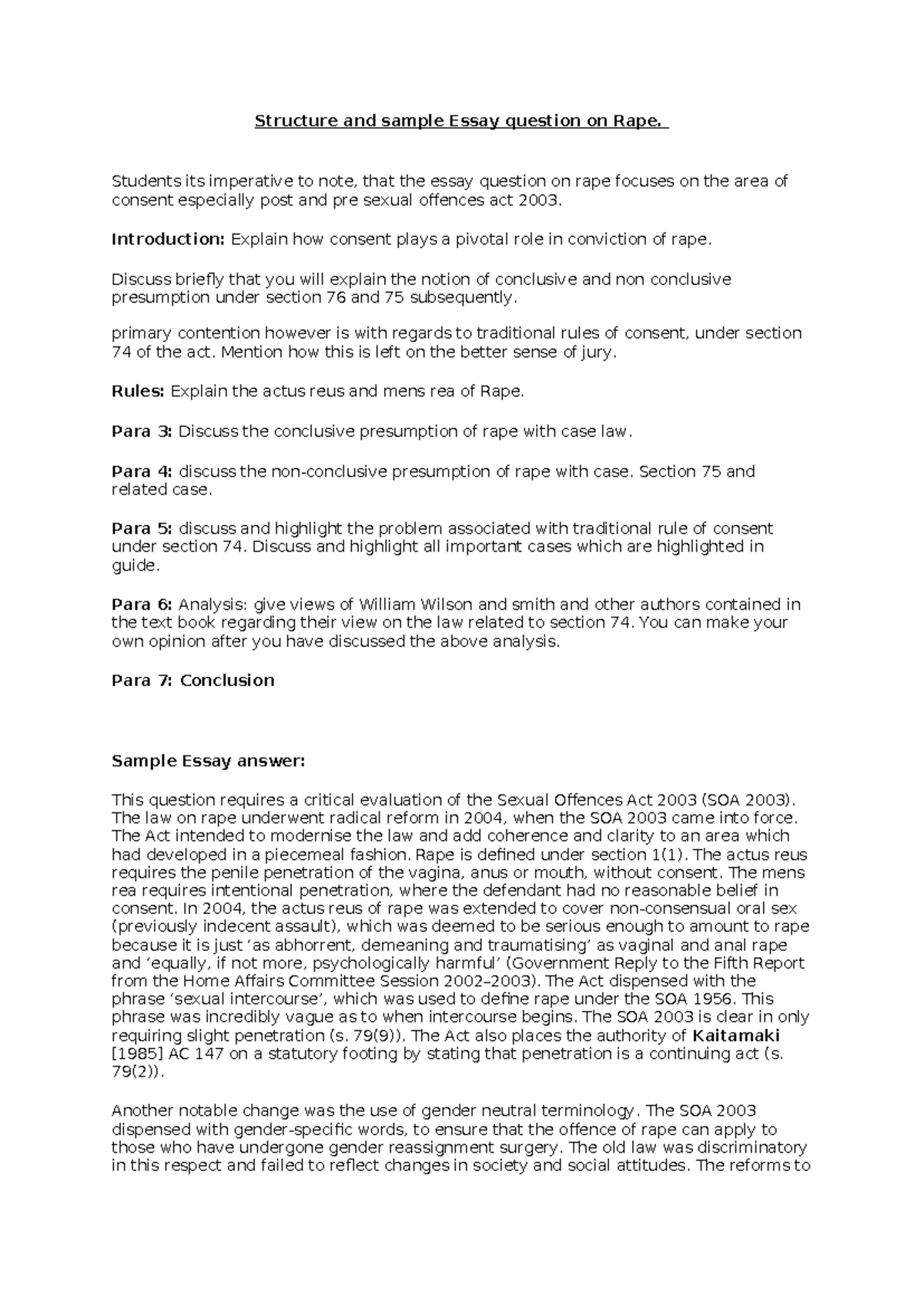 Structure and Sample Essay Question: Rape Law Analysis (LAW301) - Studocu