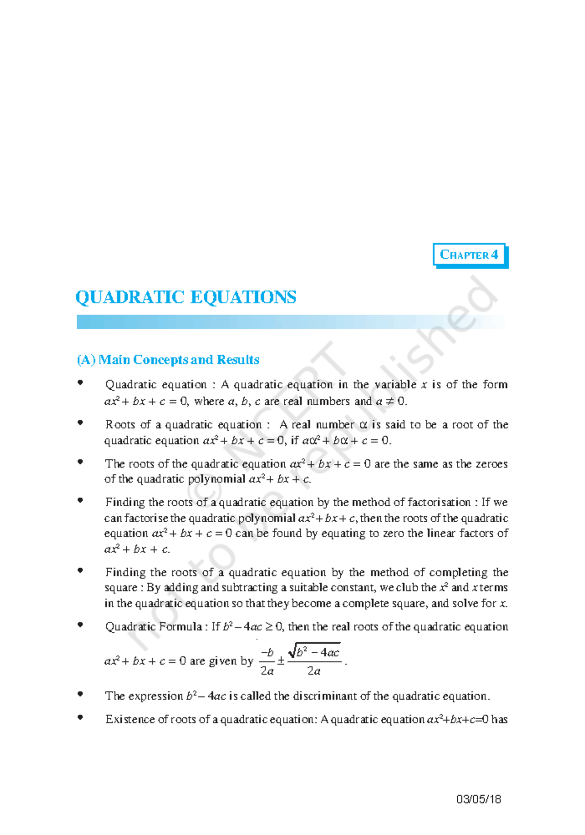 NCERT EXEMPLAR: CHAPTER 4 - QUADRATIC EQUATIONS - Studocu