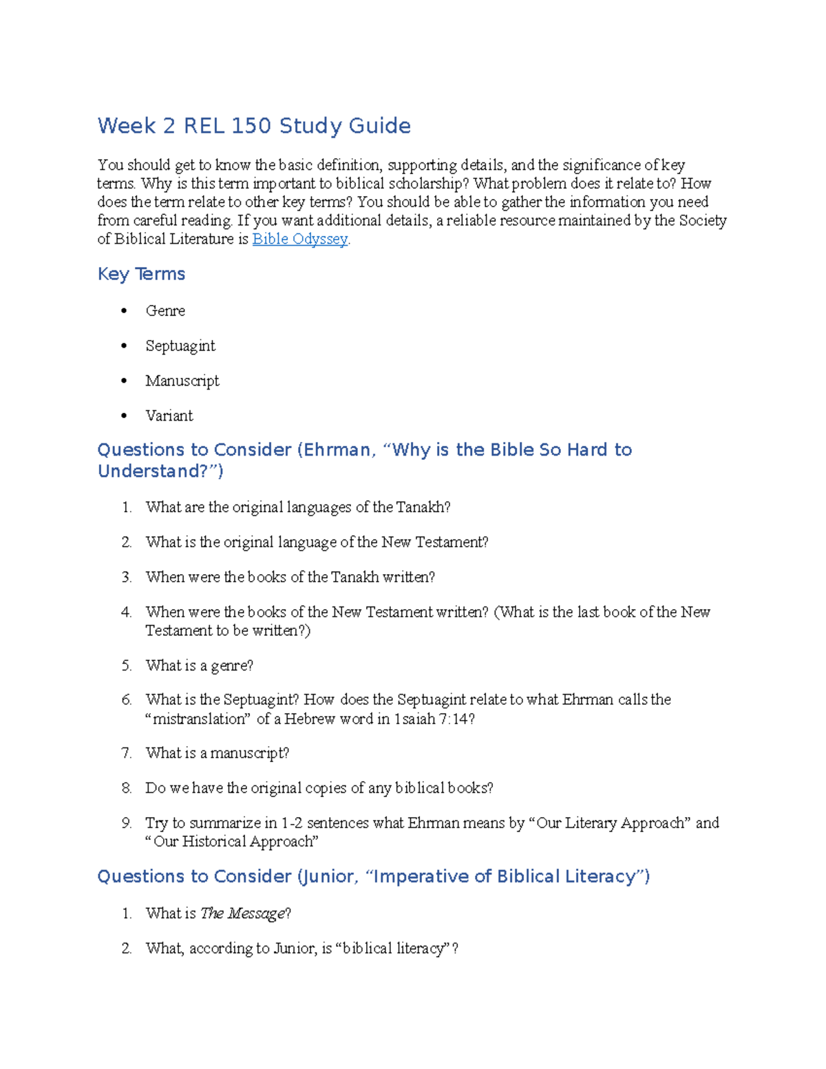 Week 2 Study Guide 1 - Week 2 REL 150 Study Guide You should get to ...