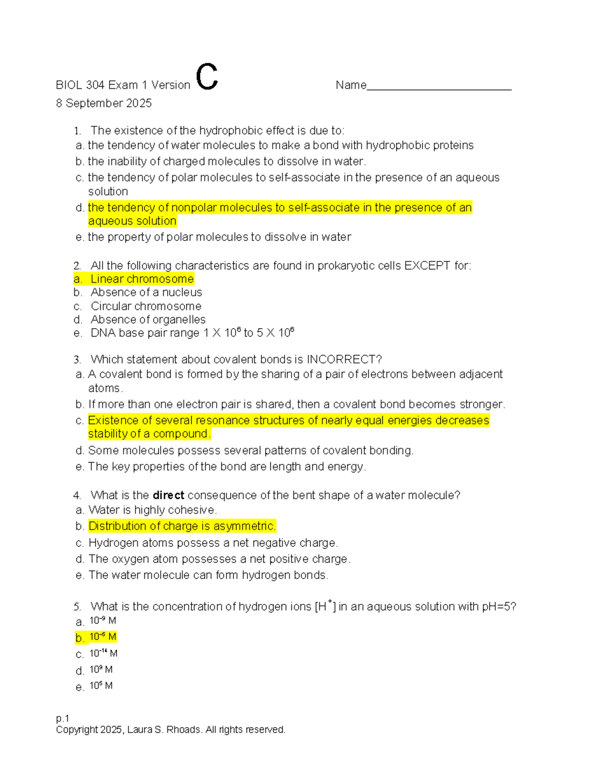 BIOL 304 Exam 1 Version C - Key Concepts and Questions - Studocu