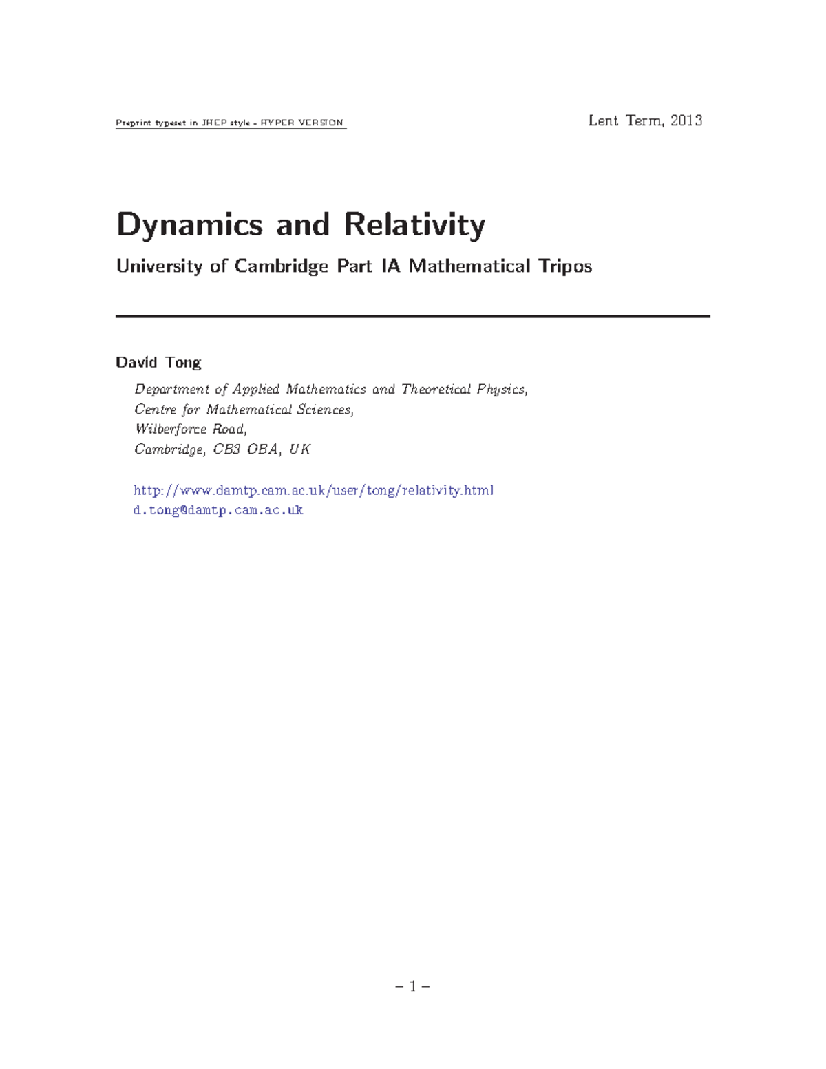 Dynamics and Relativity: Part IA Mathematical Tripos Resources - Studocu