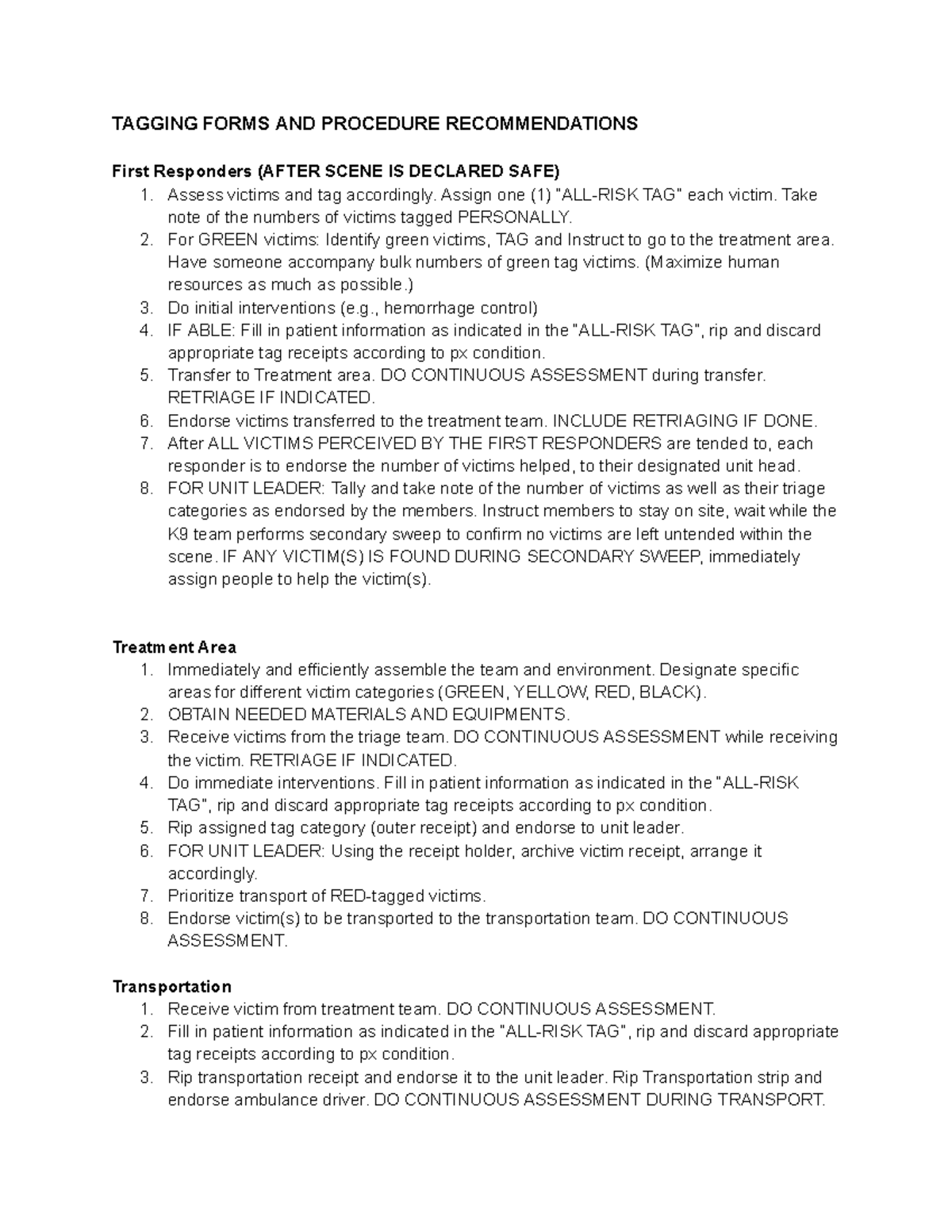 TAGGING PROCEDURE RECOMMENDATIONS FOR FIRST RESPONDERS - Studocu