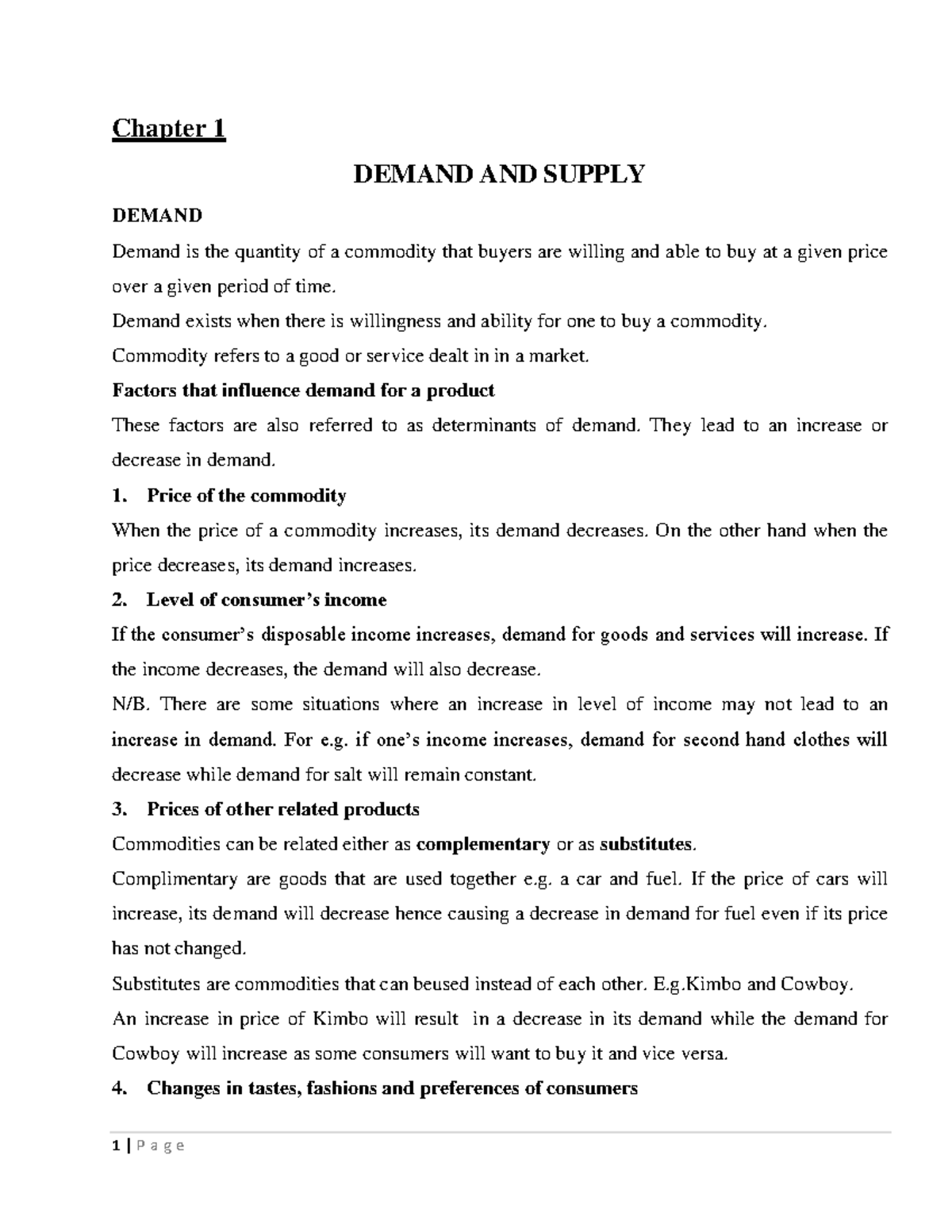 Form 3 BST Notes: Chapter 1 - Demand and Supply Analysis - Studocu
