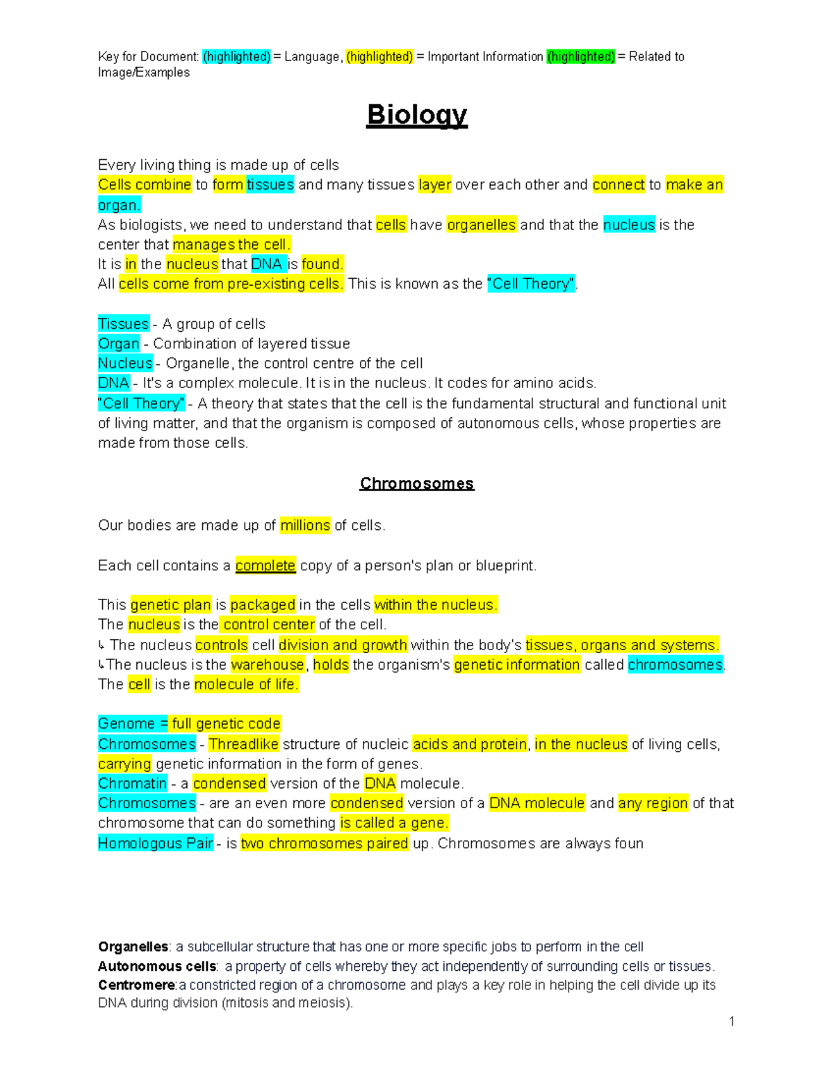 Science Final Docs - bio part only - Key for Document: (highlighted ...