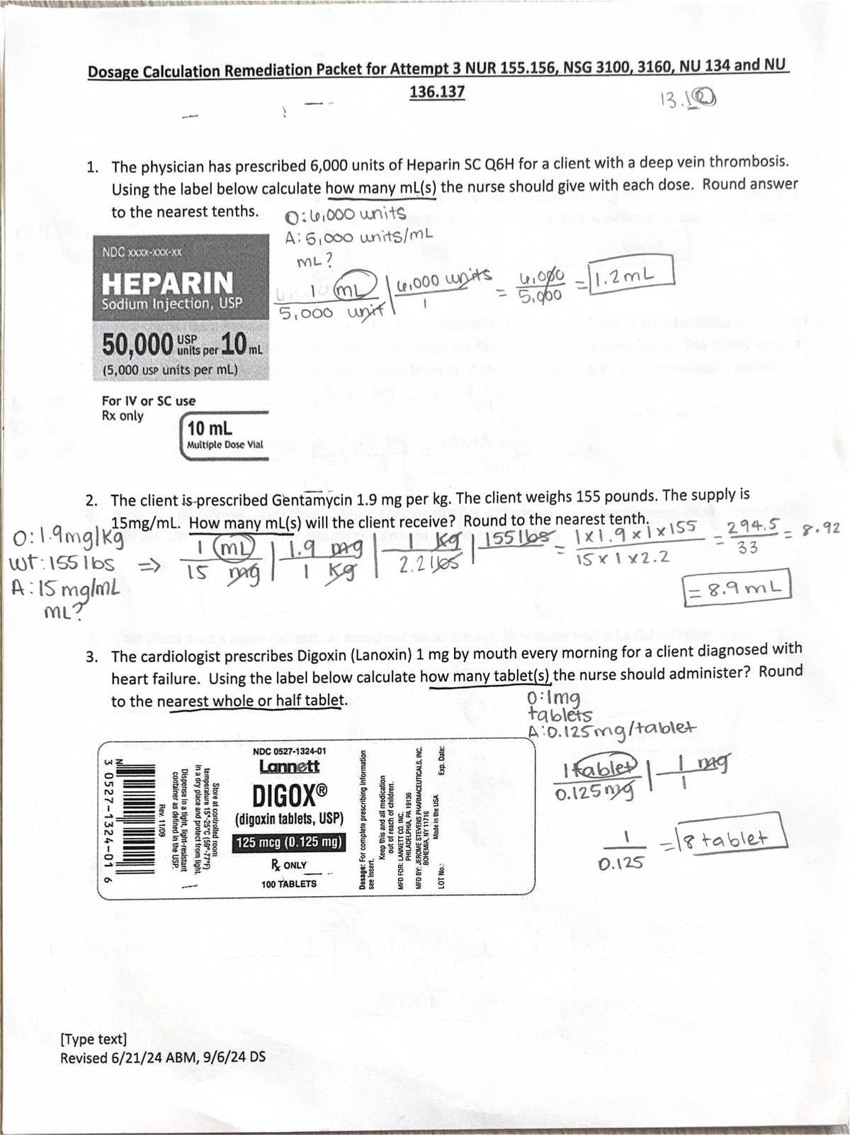 Dosage Calculation Remediation Packet Attempt 3 NUR 155.156, NSG 3100 ...