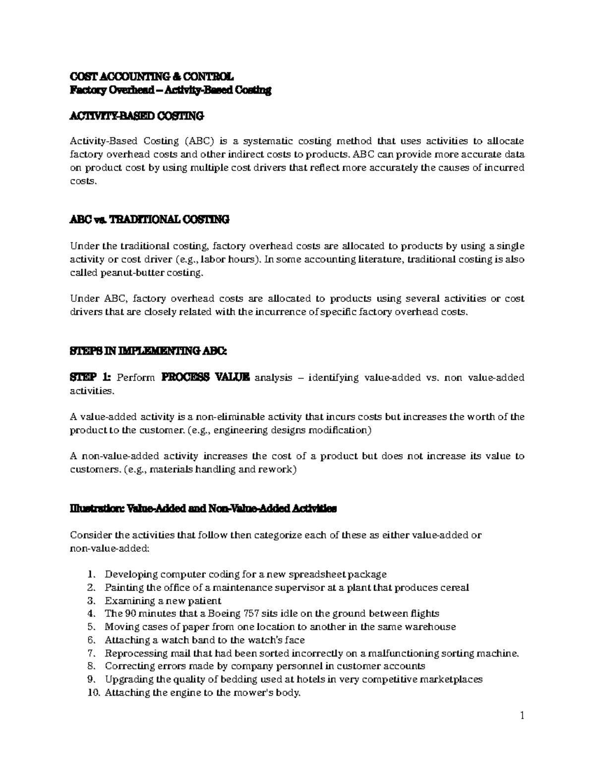 COST ACCOUNTING 101 - Activity-Based Costing (ABC) Overview - Studocu