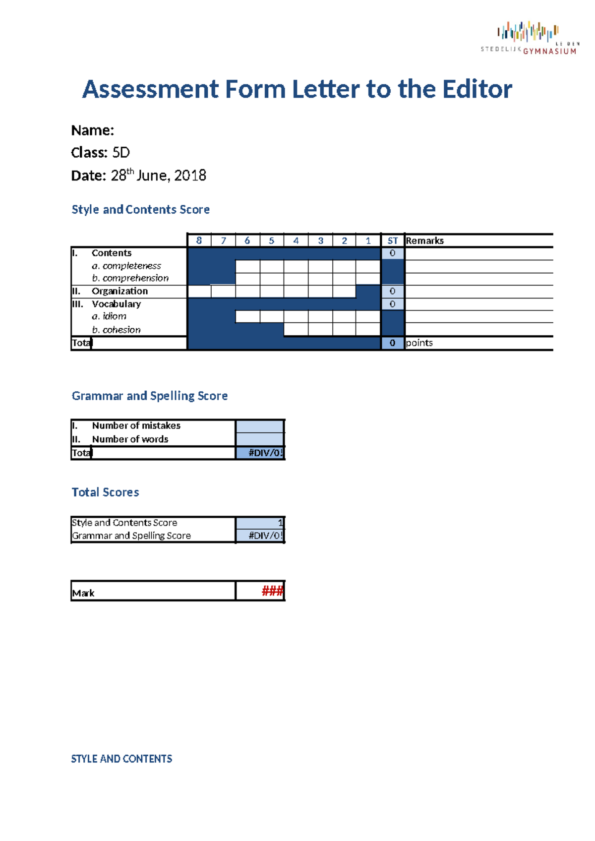 Assessment Form Template for Year 5 - Class 5D - Studeersnel