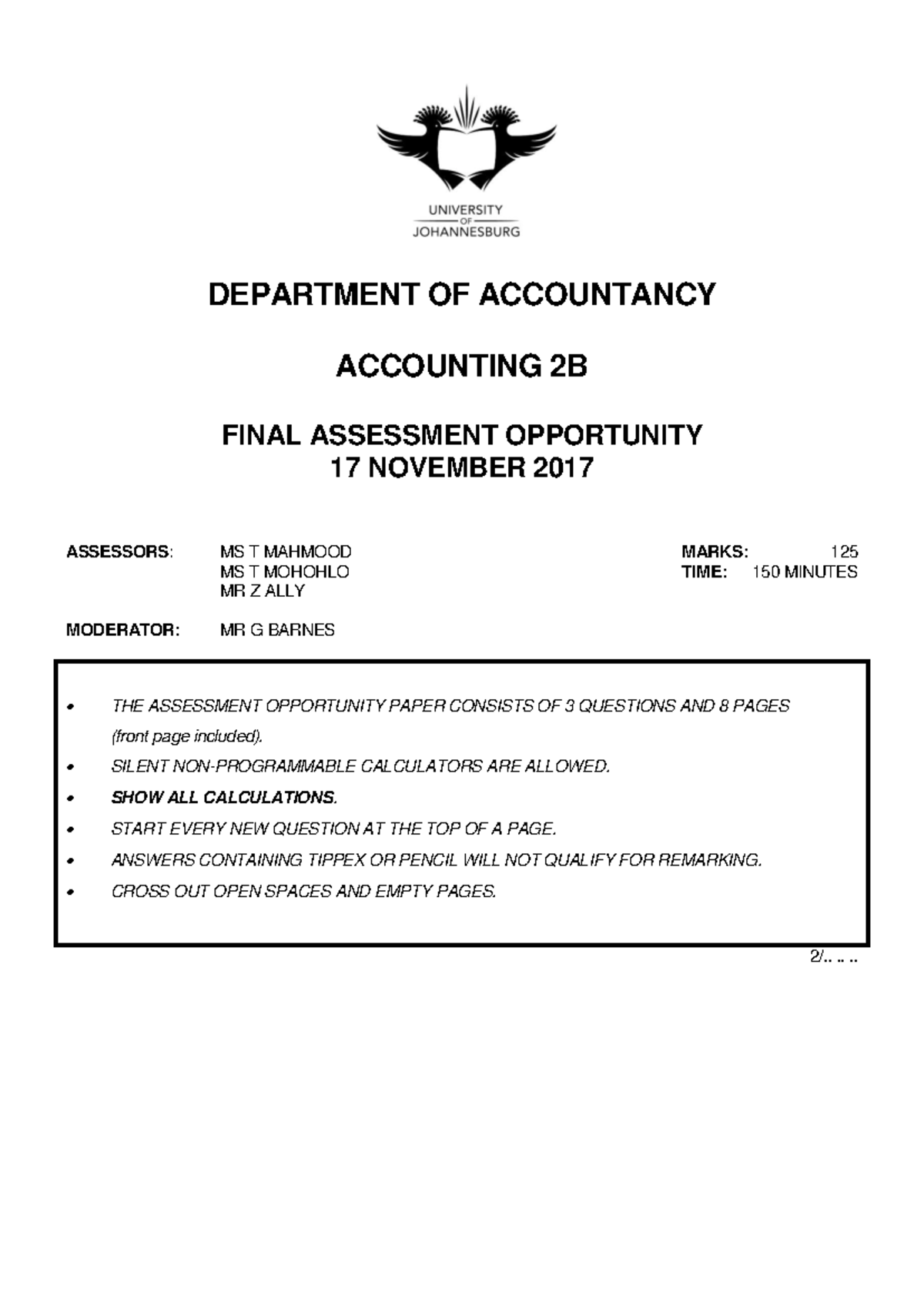 Accounting 2 B - Final Exam Paper November 2017 (125 Marks) - Studocu