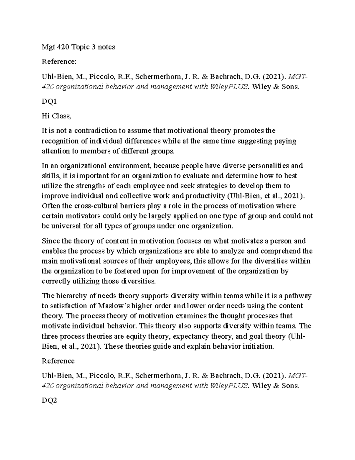 Mgt 420 Topic 3 Organizational Behavior and Motivational Theories Notes ...