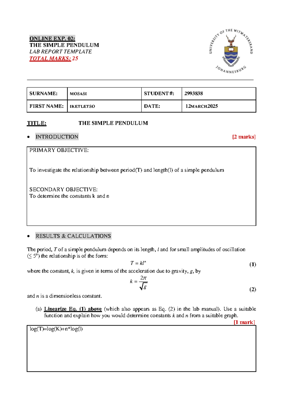 Online Exp 02: Simple Pendulum Lab Report Template (Total Marks: 25 ...