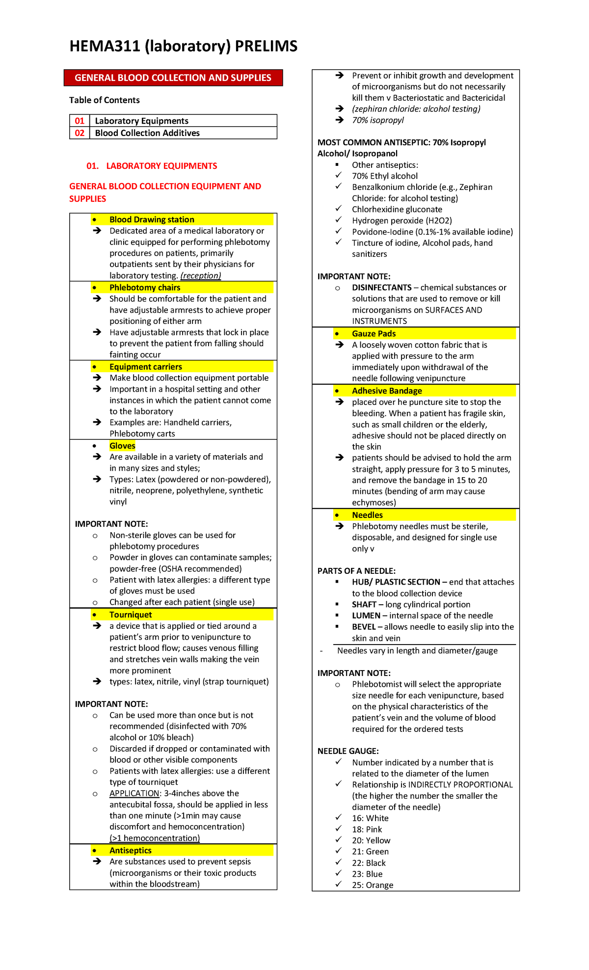 HEMA311 Laboratory Prelims: General Blood Collection & Supplies Guide ...