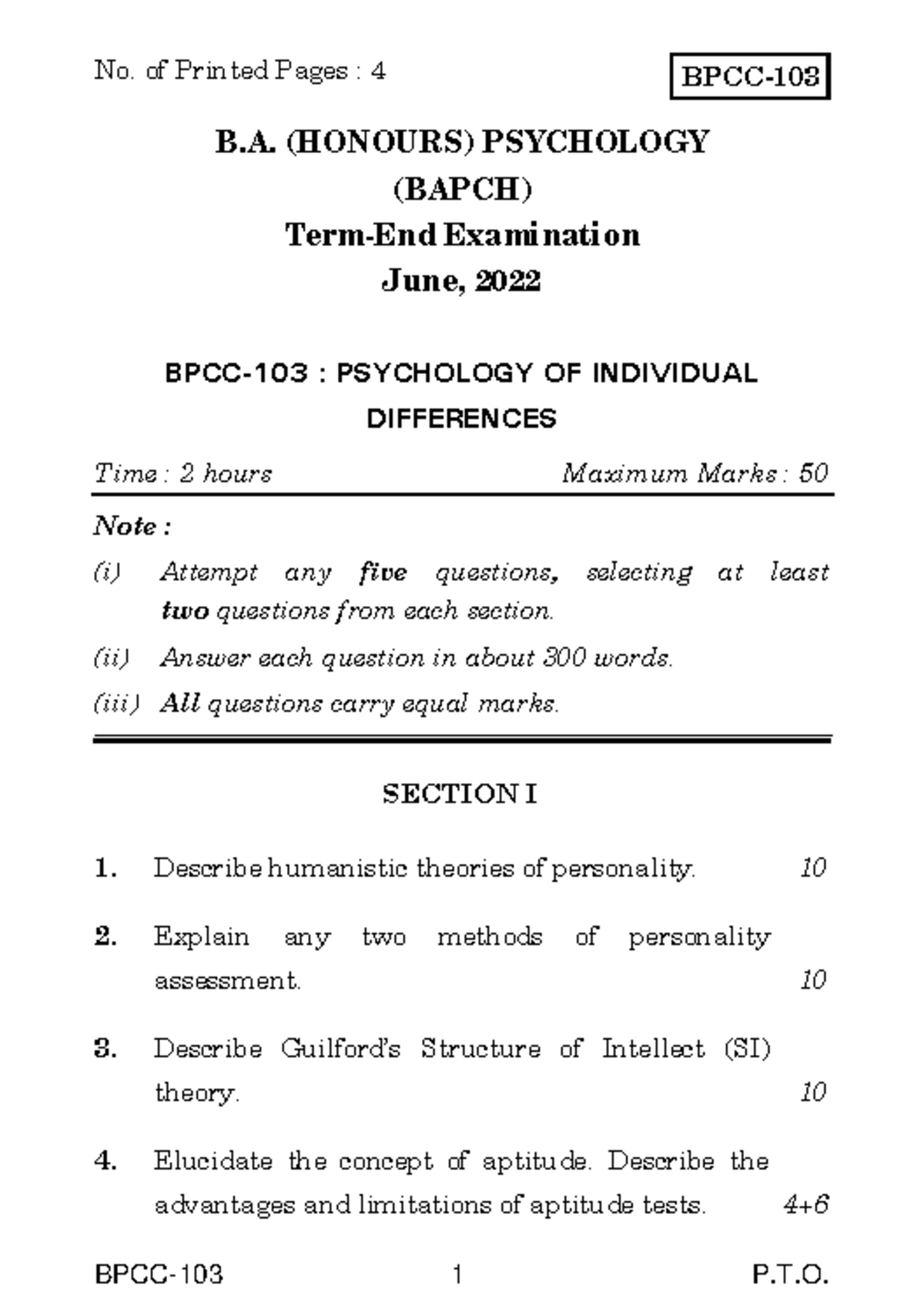 BPCC-103 - Psychology of Individual Differences Exam Notes - Studocu