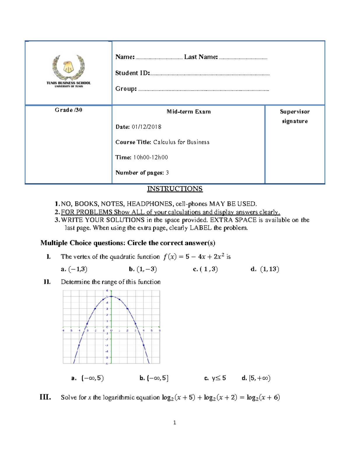 Midterm Exam 2018 - Calculus for Business (MATH 101) - Studocu