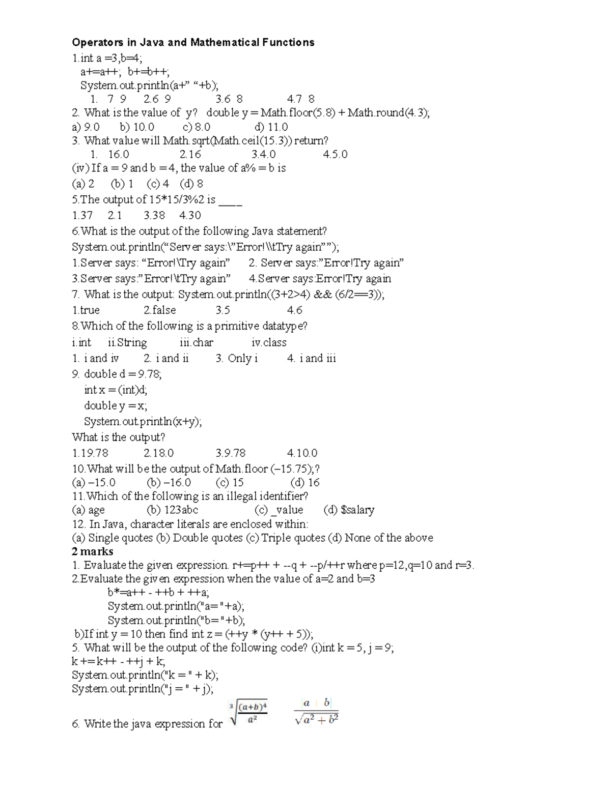 Java Operators and Math Functions - Revision A2 Notes - Studocu