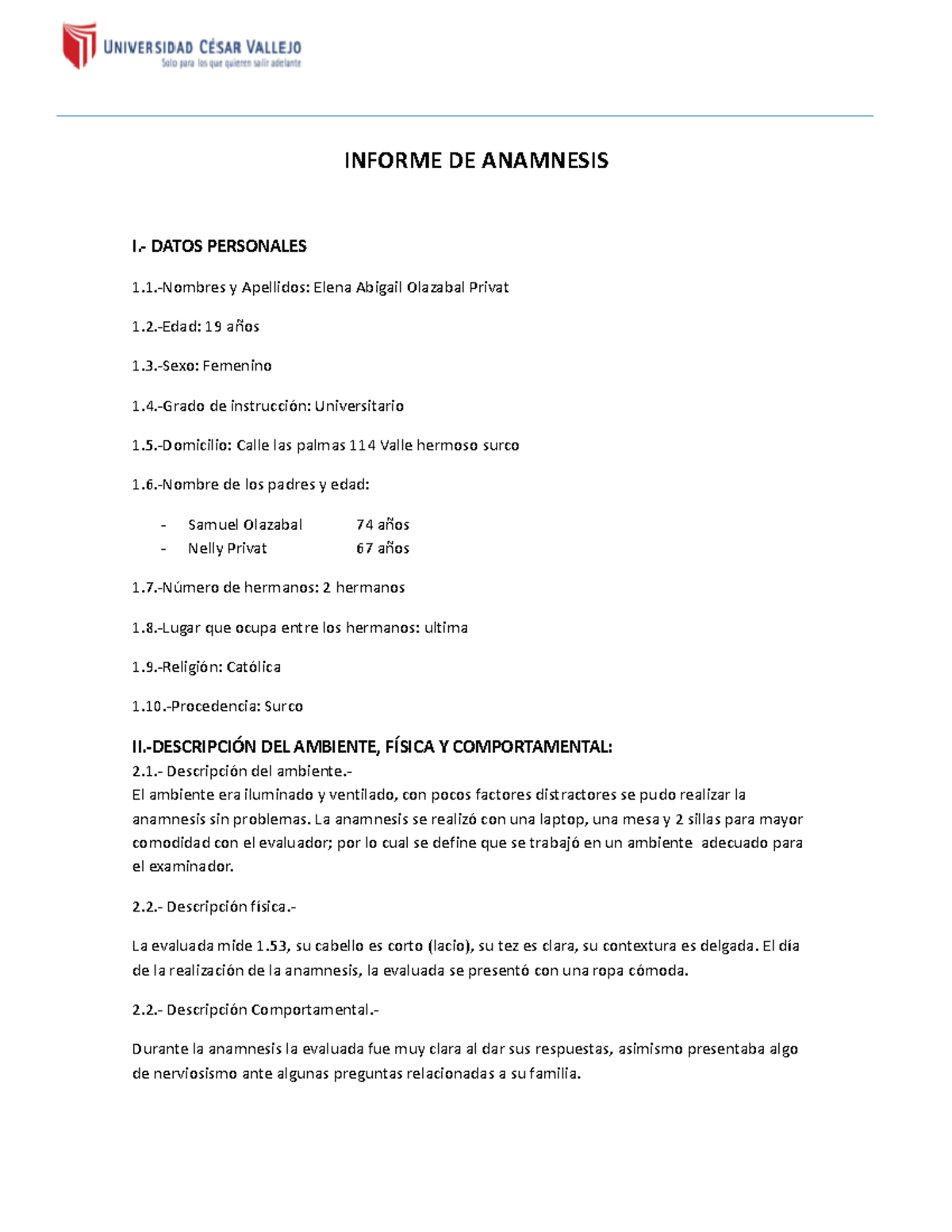 Informe de Anamnesis TP - Elena Abigail Olazabal Privat - Document Preview