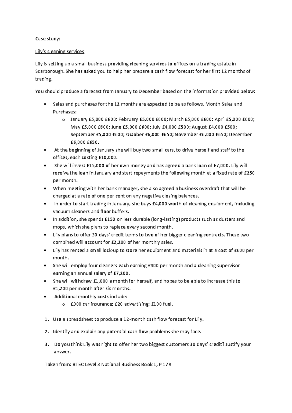 BTEC Level 3 National Business: Cash Flow Forecast for Lily Cleaners ...