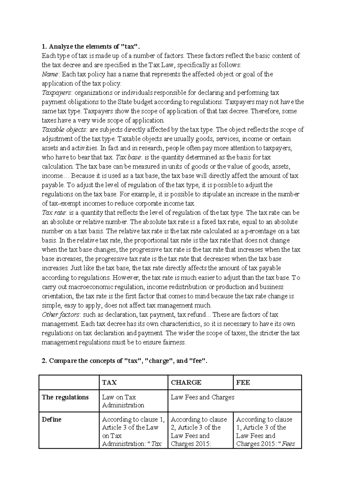 TAX LAW - Analysis of Tax Elements and Fee Regulations Overview - Studocu