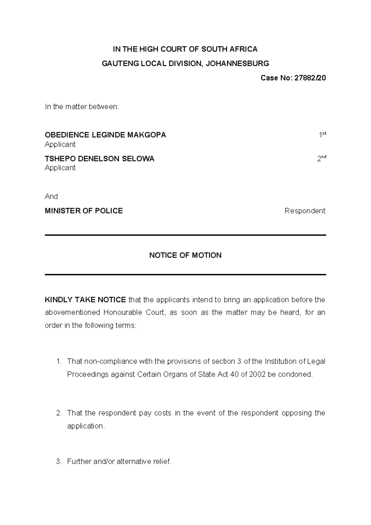 Condonation Application for Non-Compliance: Case No. 27882/2022 - Studocu