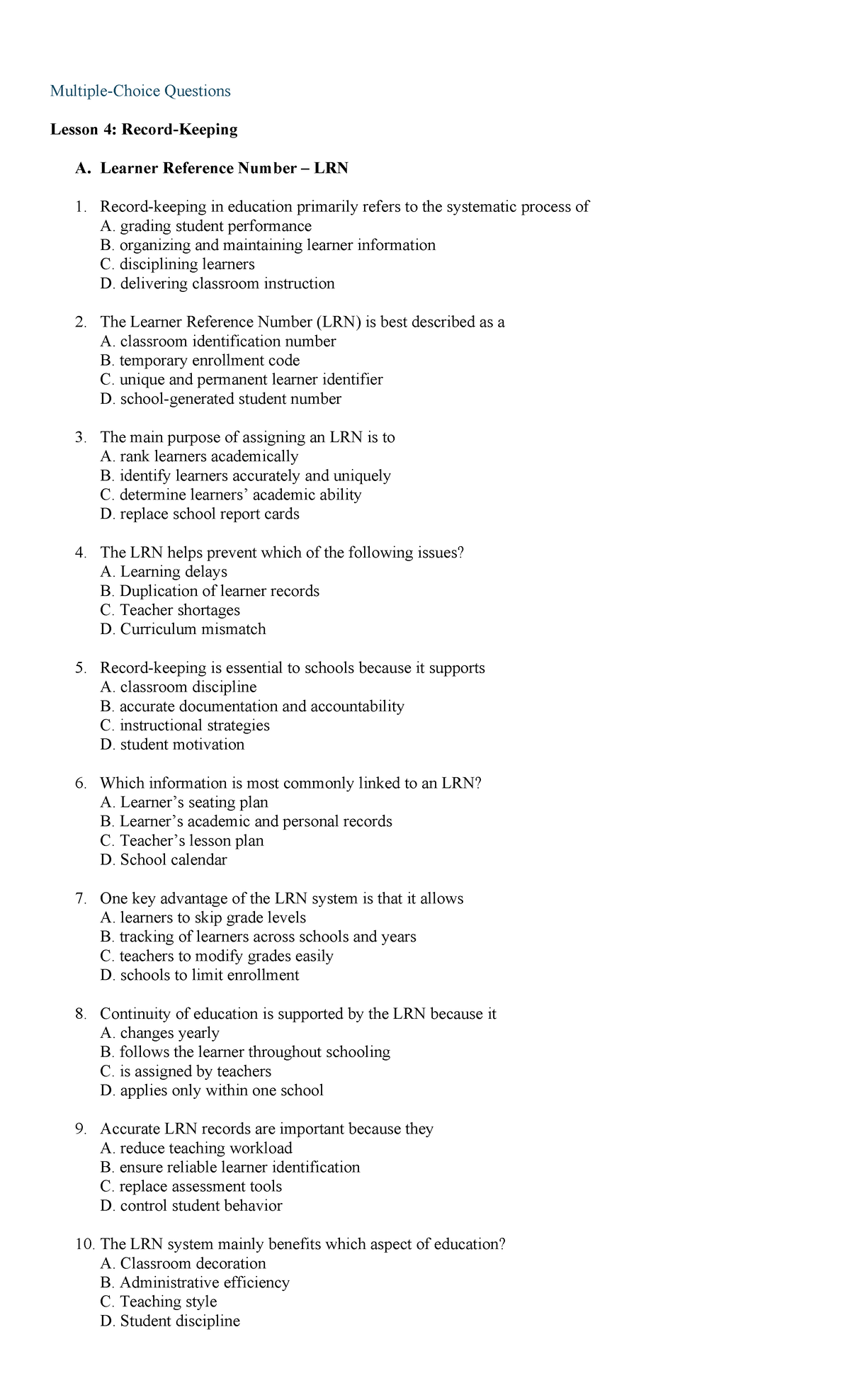 Test Questions Group 4: Understanding Learner Reference Numbers (LRN ...