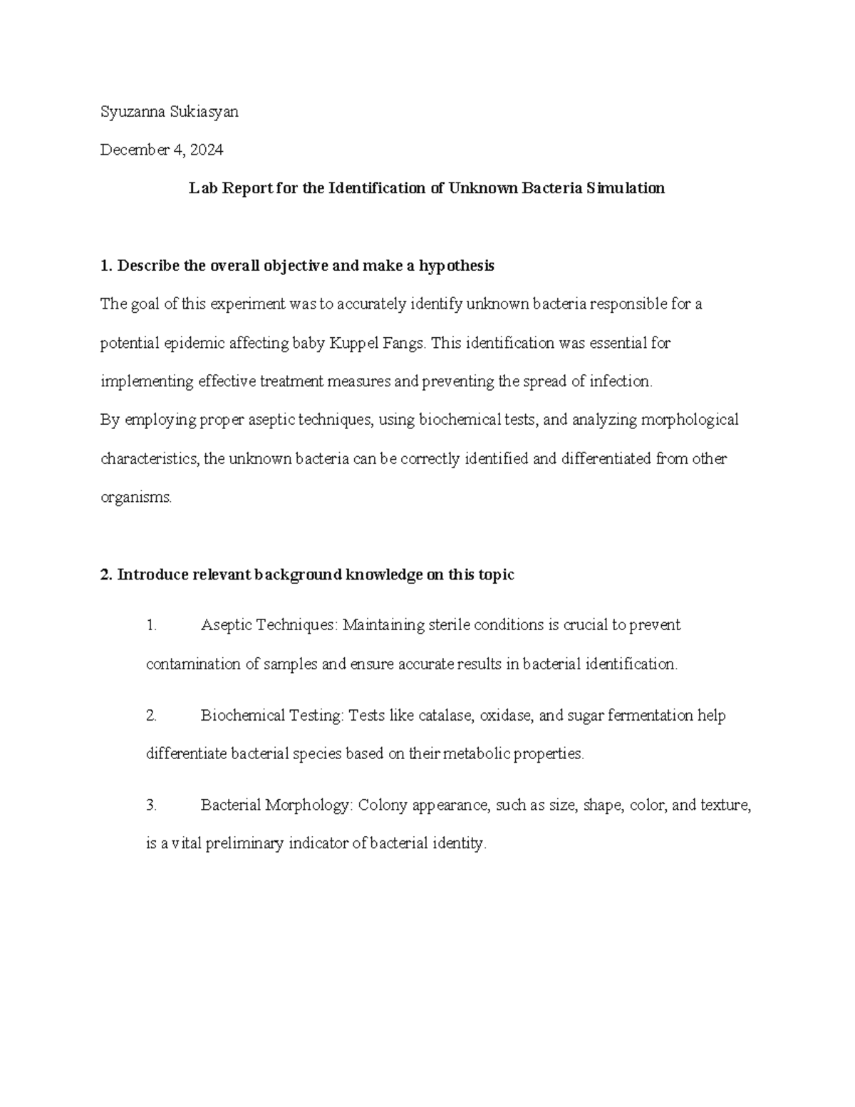 Lab Report: Identification of Unknown Bacteria Simulation (BIO 101 ...