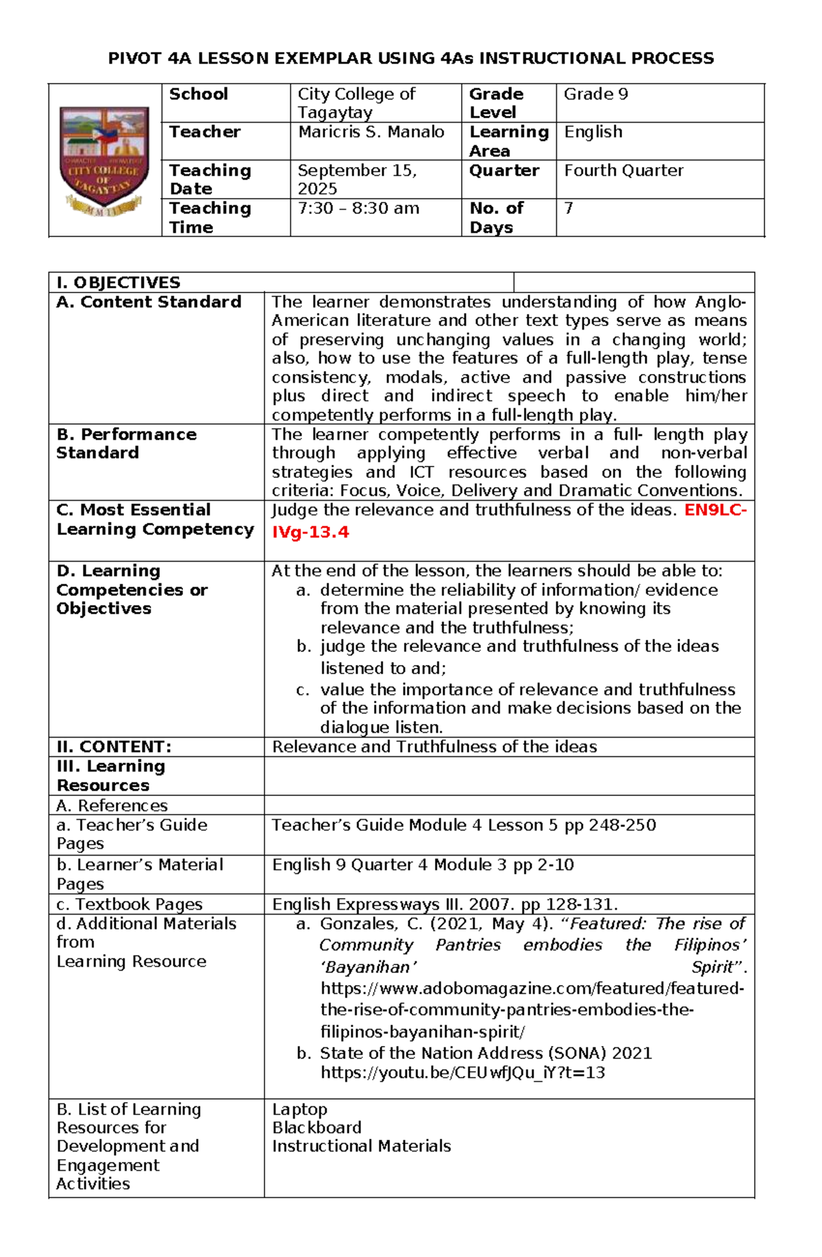 PIVOT 4A LESSON EXEMPLAR: JUDGING RELEVANCE & TRUTHFULNESS IN ENGLISH 9 ...