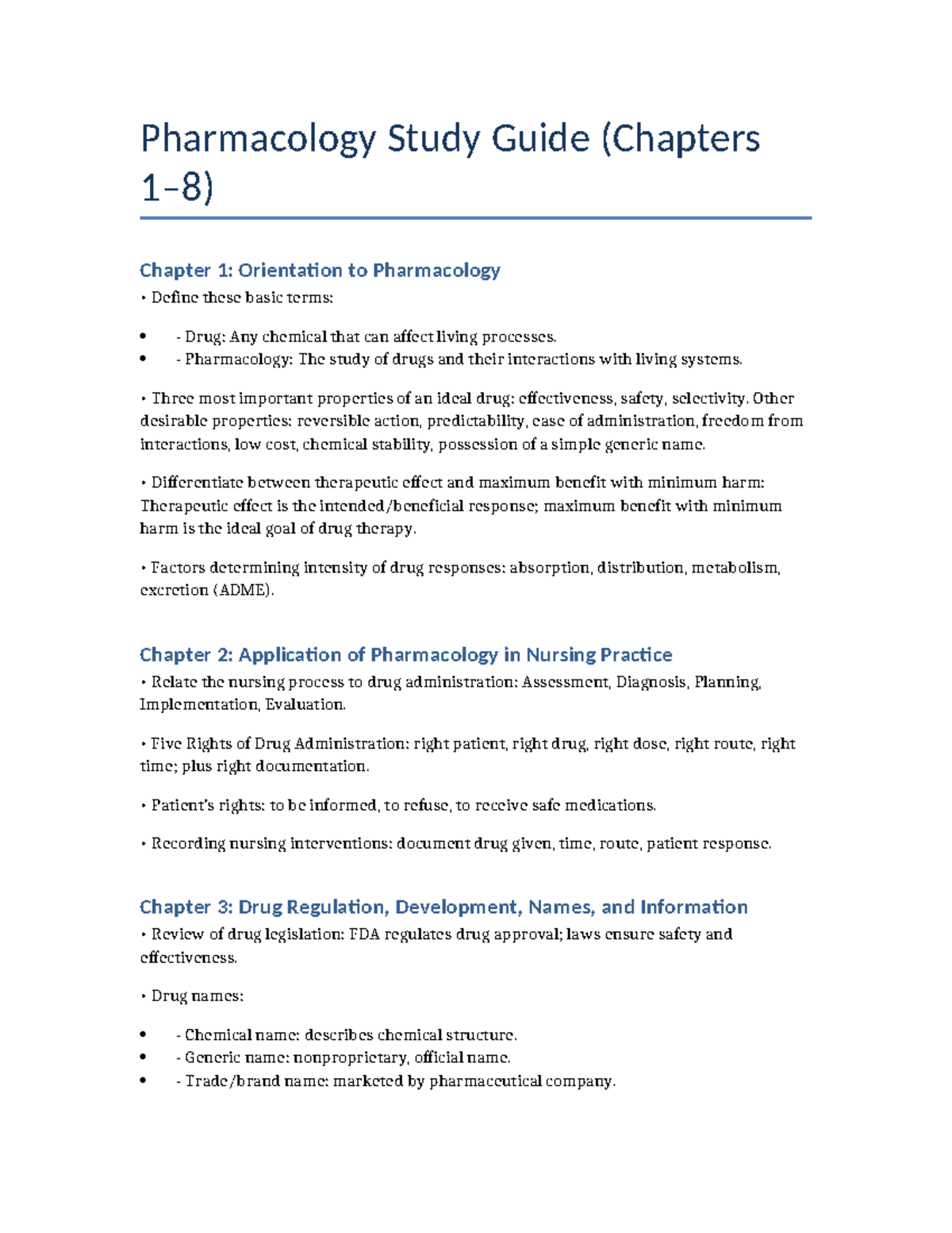 Pharmacology Study Guide (Chapters 1-8) for Nursing Practice - Studocu