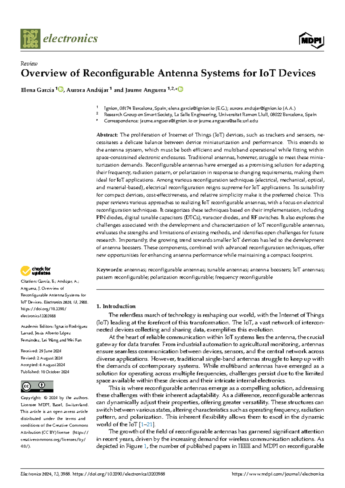 Electronics 13: Review of Reconfigurable Antenna Systems for IoT ...