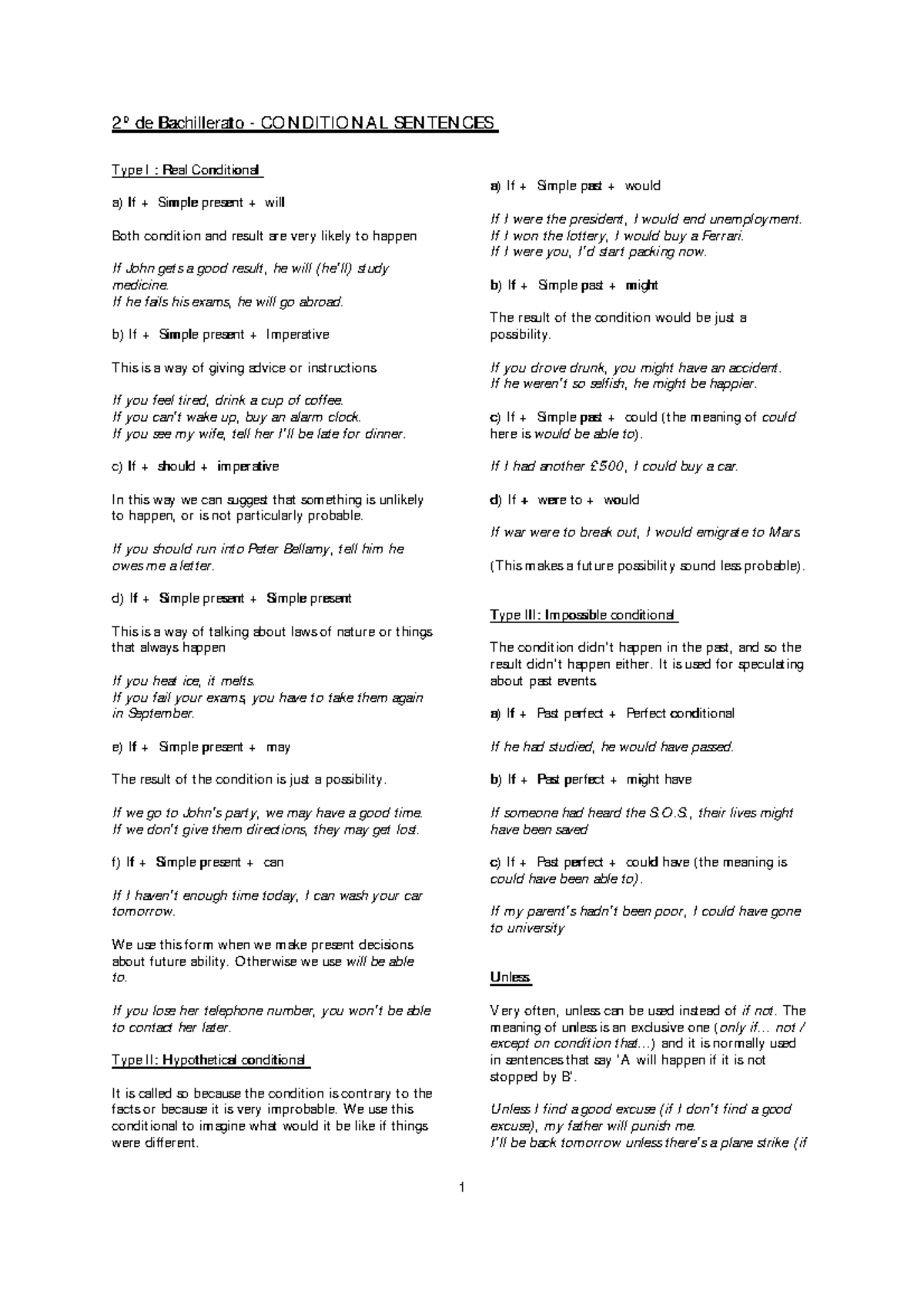 2º de Bachillerato Conditional Sentences: Types I & II Explained - Studocu