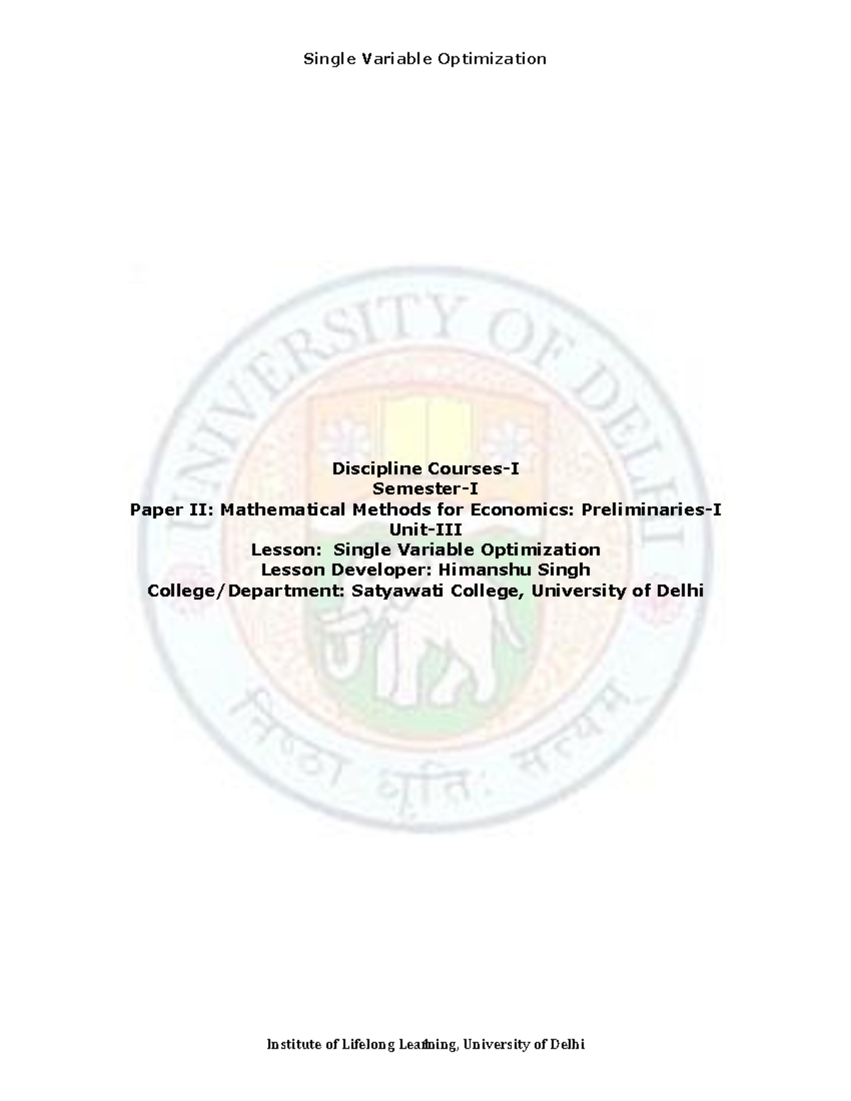 Single Variable Optimization - Discipline Courses-I Semester-I Paper II ...