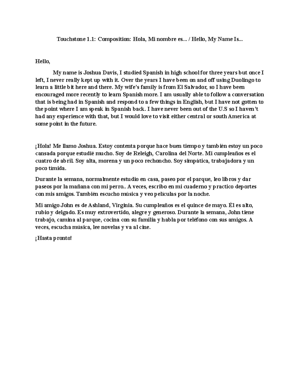 Touchstone 1.1: Composition - Introducing Myself in Spanish - Studocu