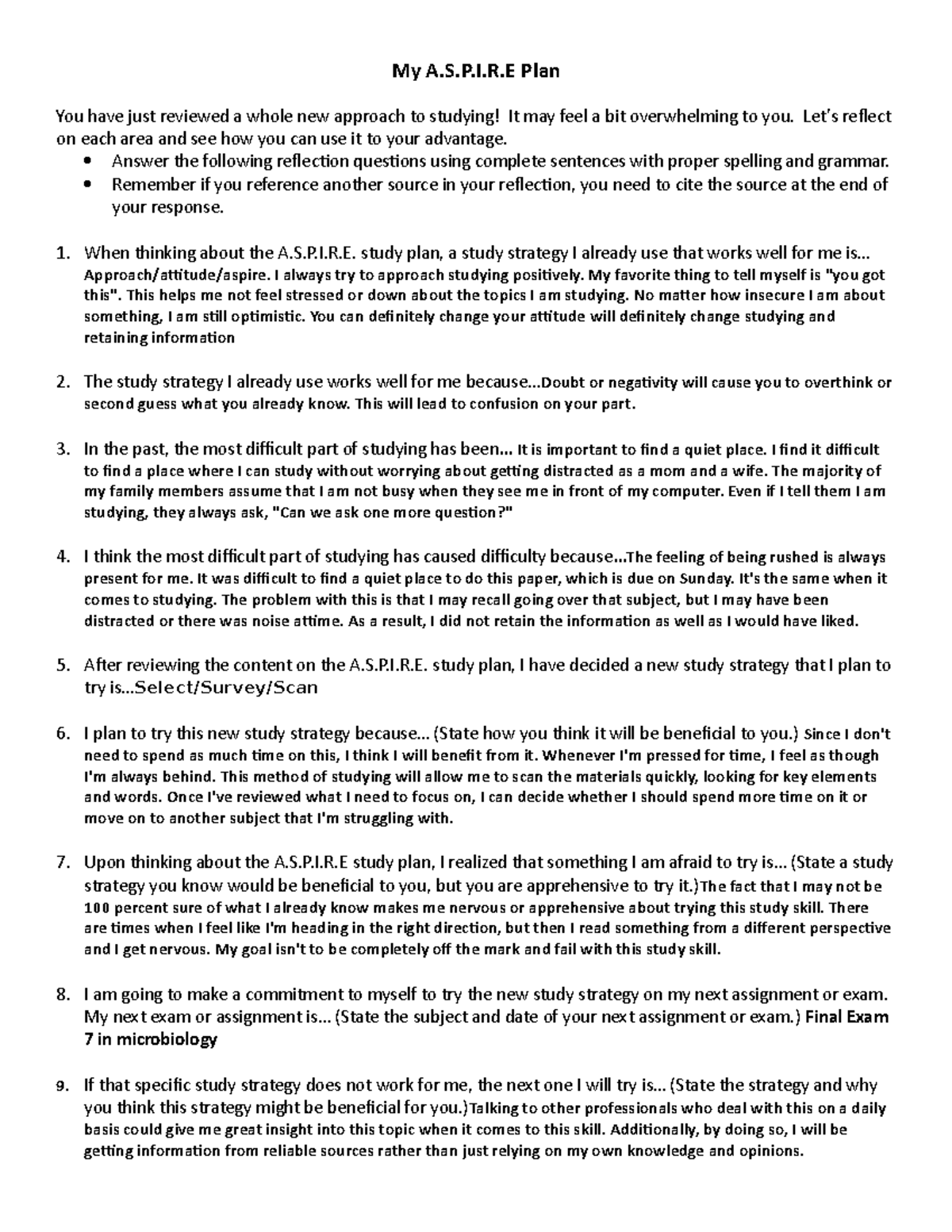 A.S.P.I.R Plan Reflection for Final Exam in Microbiology - 7 - Studocu