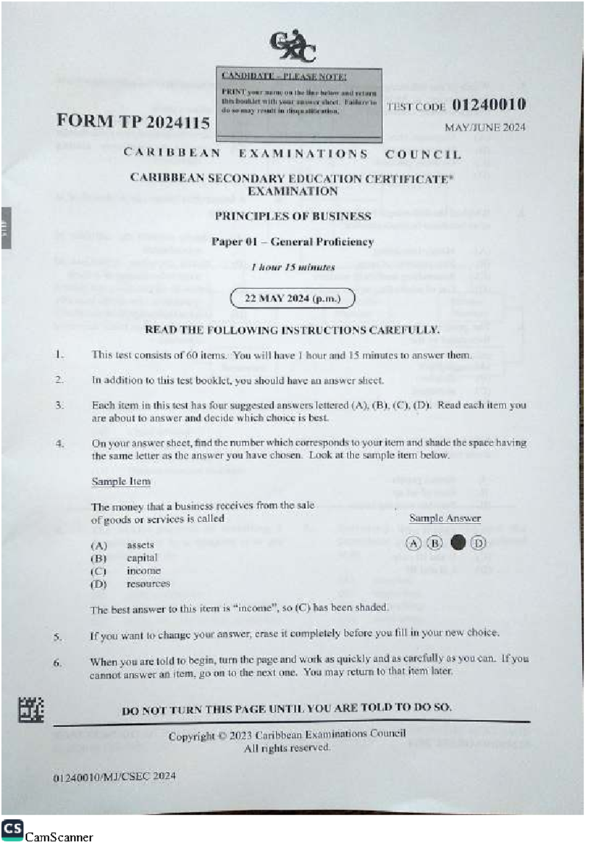 CSEC Principles of Business Paper 01 General Proficiency Exam 2024 ...