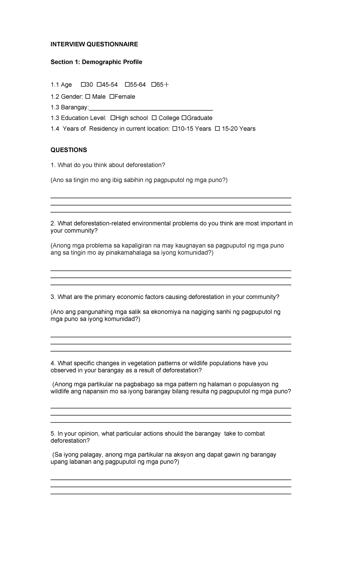Questionnaire - INTERVIEW QUESTIONNAIRE Section 1: Demographic Profile ...