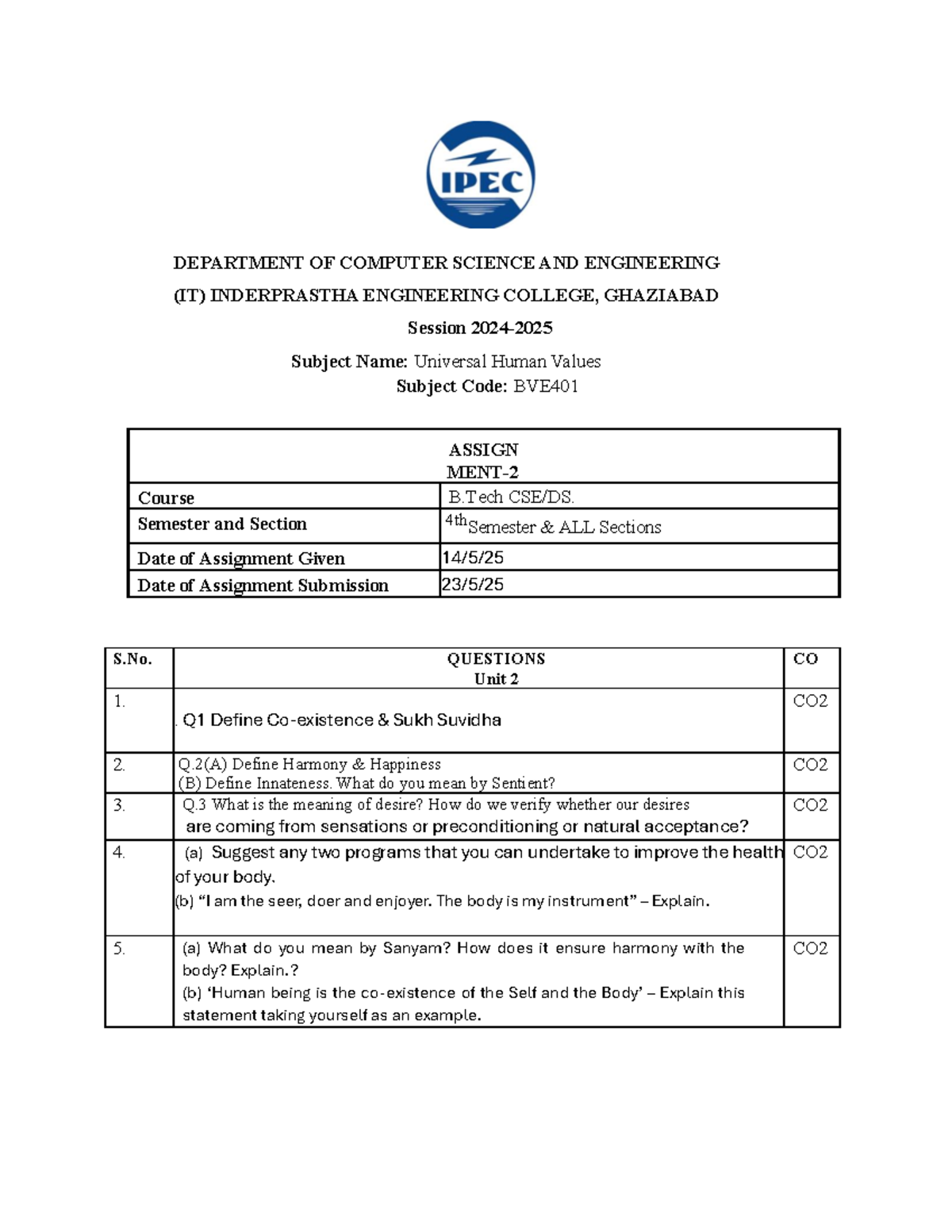UHV Assignment Unit 2 - BVE401 - 4th Sem - Questions & Answers - Studocu