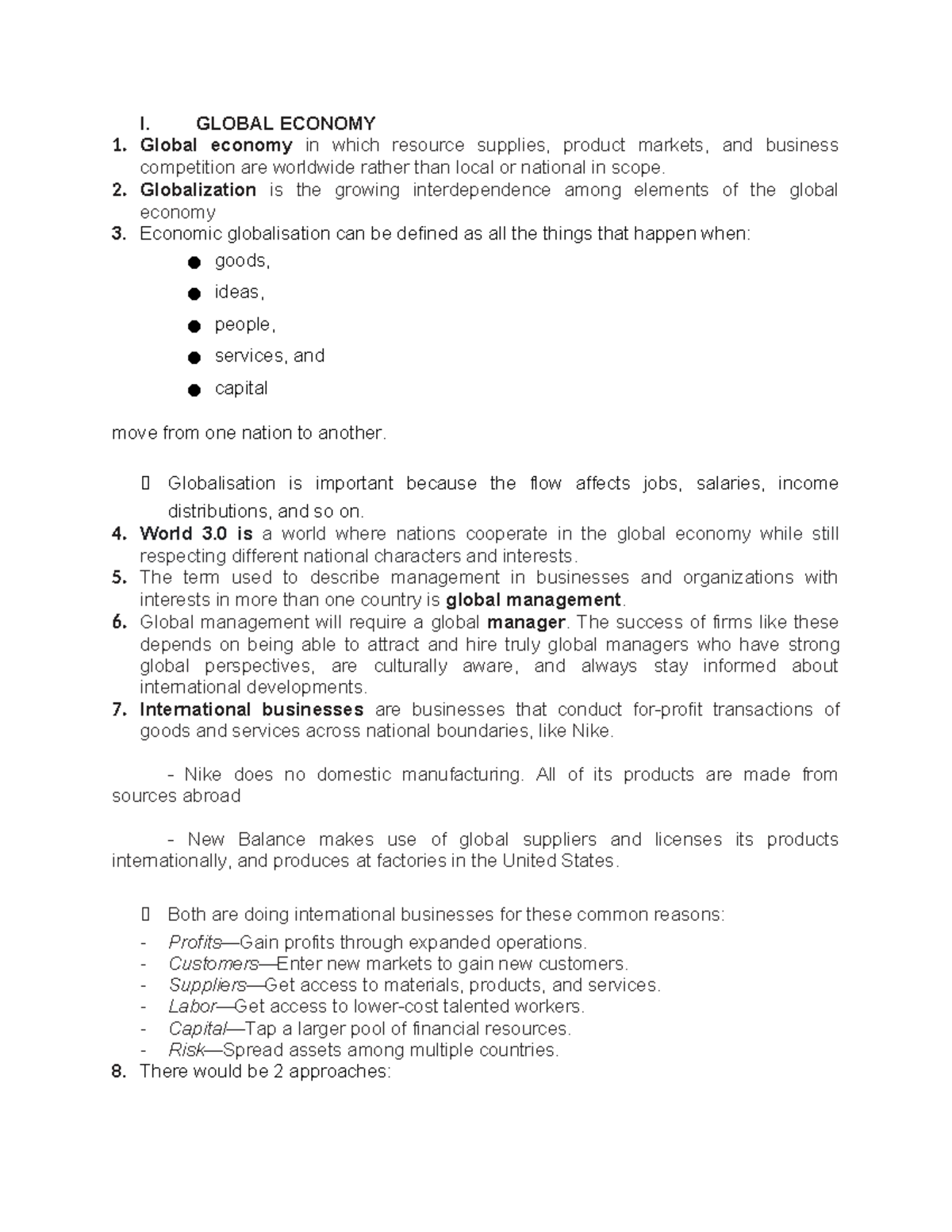 Chapter 5 Summary - SUMMARIES - I. GLOBAL ECONOMY 1. Global economy in ...