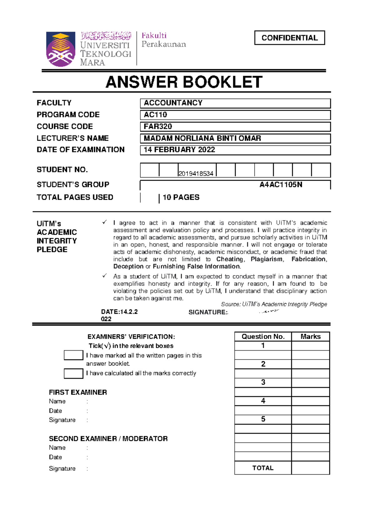 FAR320 Answer Scripts Front PAGE AC110 - ANSWER BOOKLET FACULTY ...