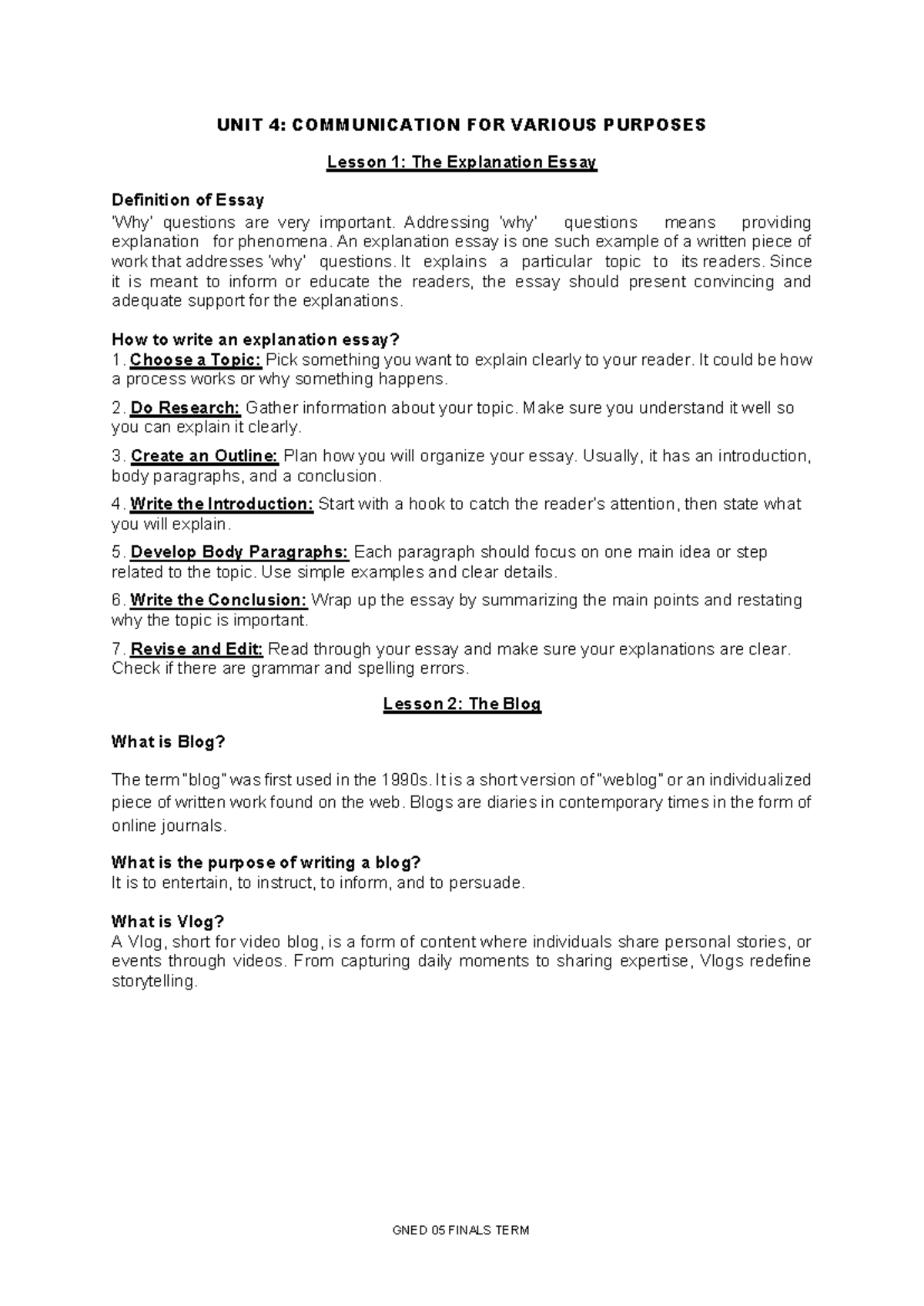 GNED 05 UNIT 4: Communication Skills for Essays & Presentations - Studocu