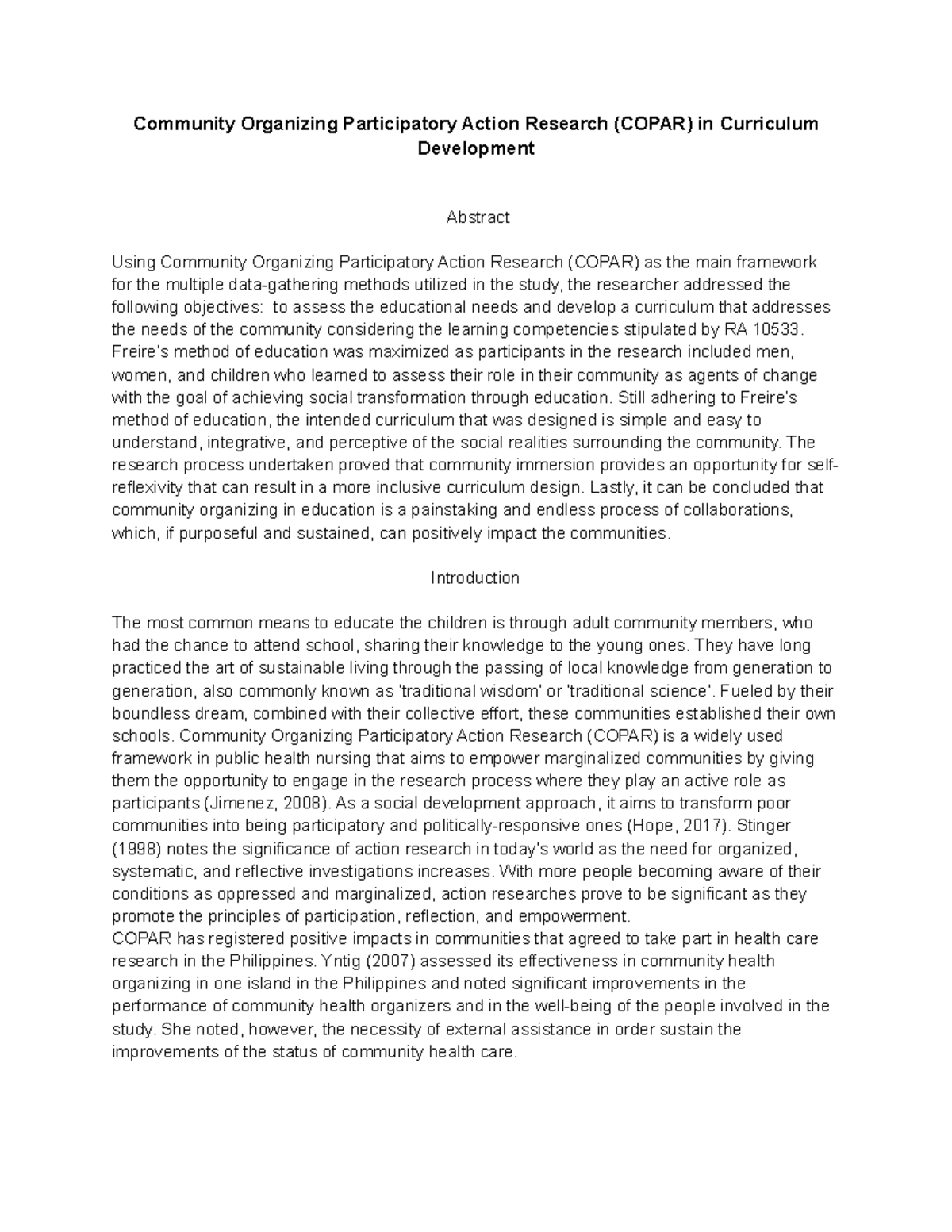 CHN - Community Organizing Participatory Action Research in Curriculum ...