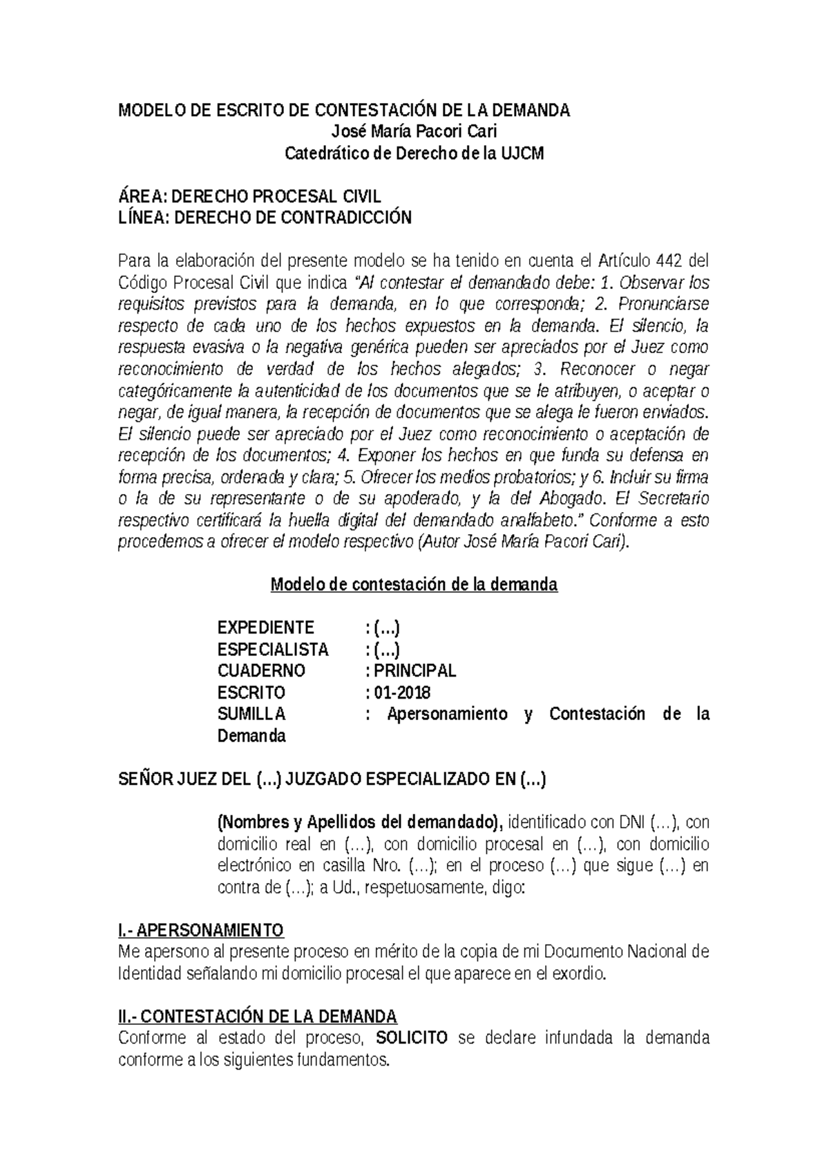 Modelo de Contestación de Demanda - Derecho Procesal Civil Legis - Studocu