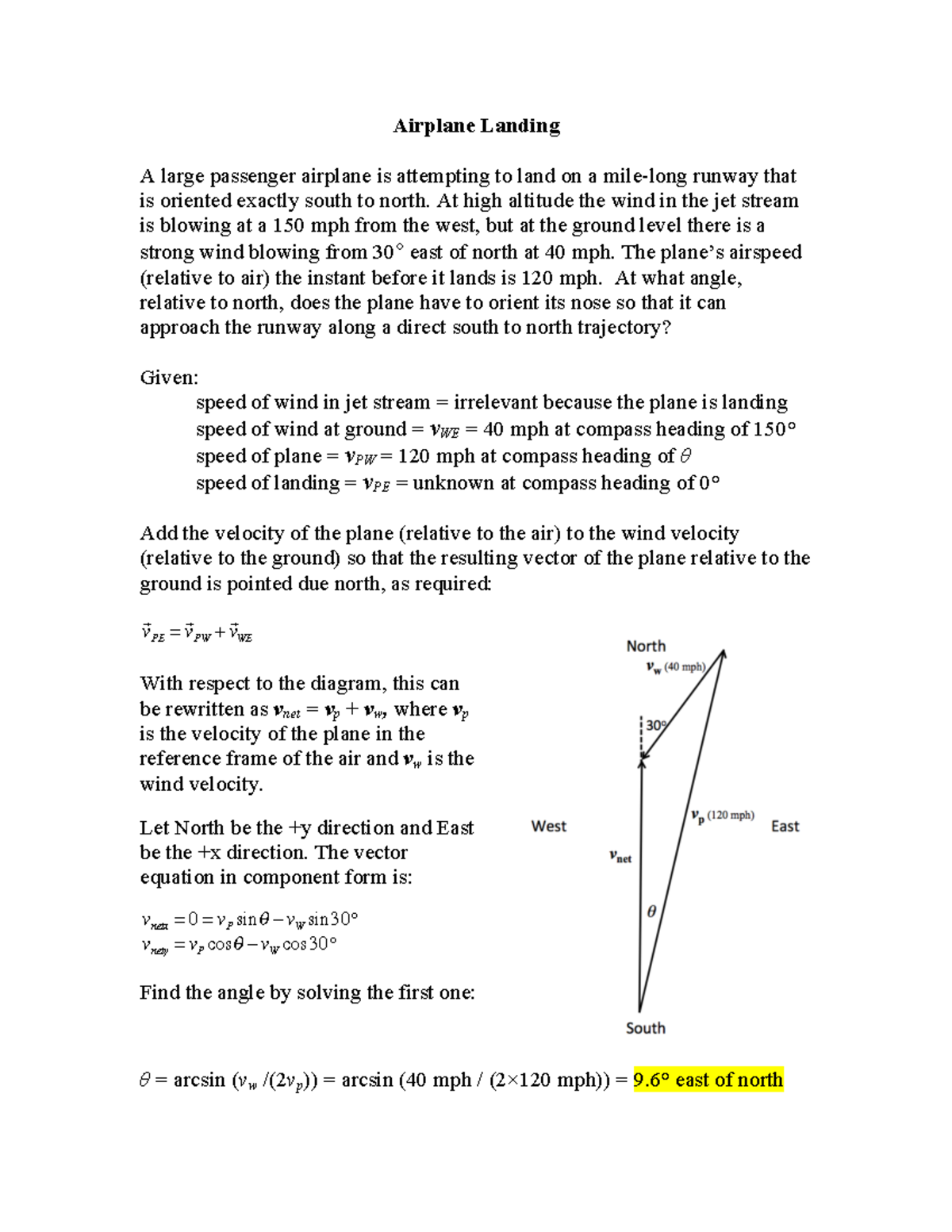 Ponderable Airplane Landing Solution: Angle Calculation for θ - Studocu